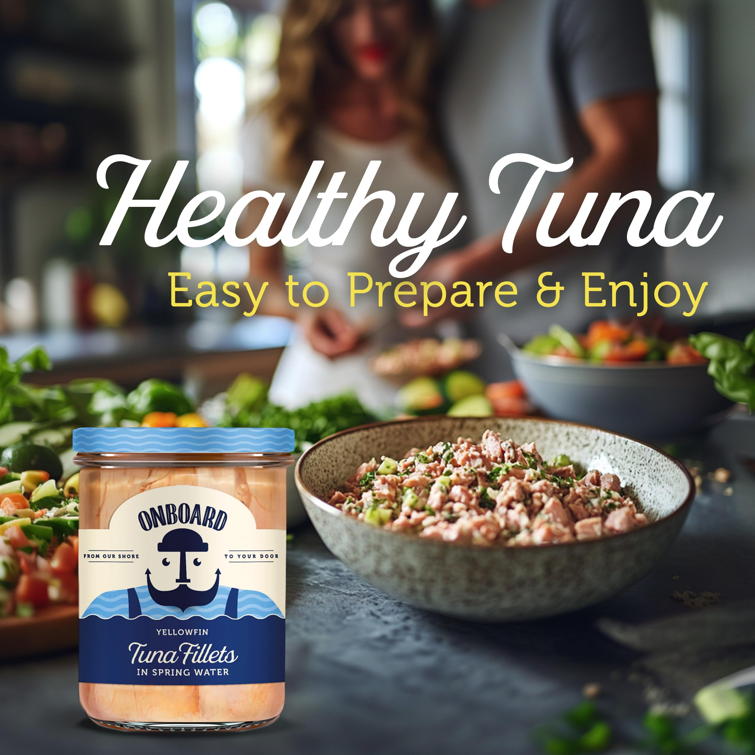 ONBOARD Yellowfin Tuna Fillets, Mediterranean Seafood Diet | Pescatarian Jarred Atun, Fresh Sea Tuna Salad | High in Protein - Healthy Ready-to-Eat Snacks, Packed in Glass Jar | (6 Packs, Spring Water)