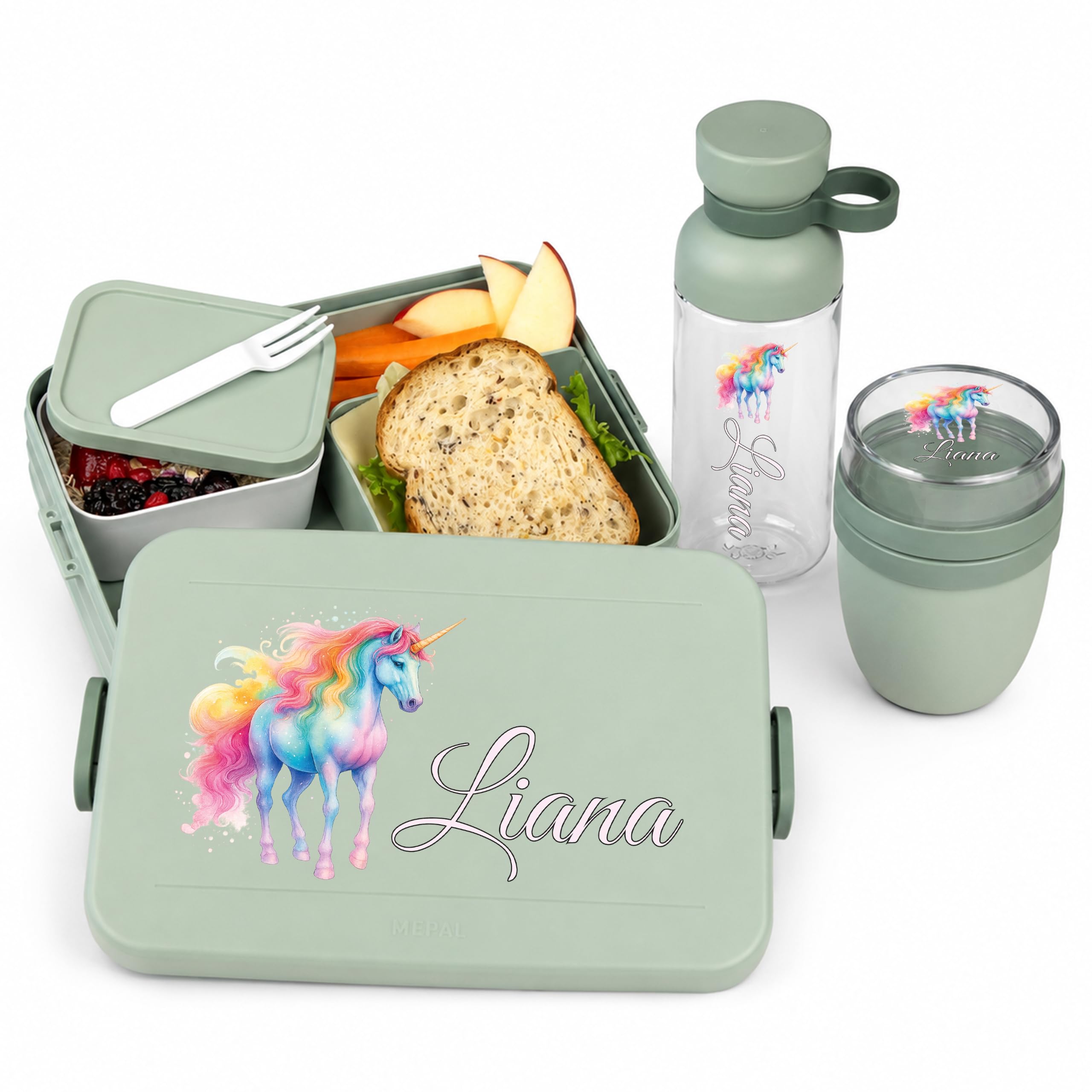 Mepal Personalisierte Brotdose Trinkflasche | Regenbogen Einhorn Mädchen