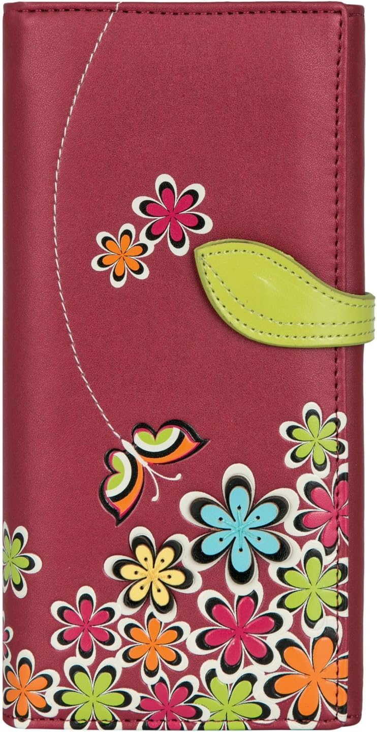 Women's Flower & Butterfly Long Flat Wallet Fashion Coin Case Card Holder 768A Rose Red Color