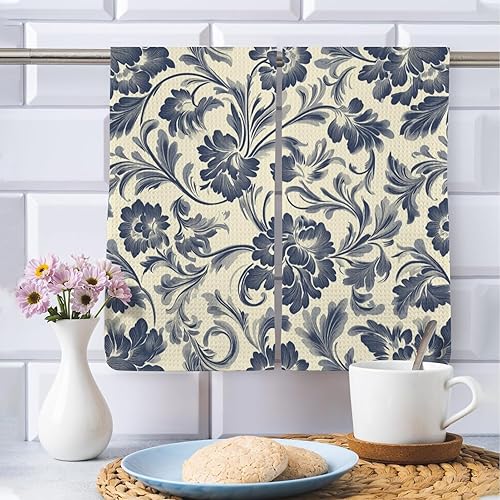 Miniatura 5 de Juego de 2 paños de cocina con pintura gris retro con estampado de flores grises, toallas absorbentes para cocina de Pascua, toalla de mano lavable