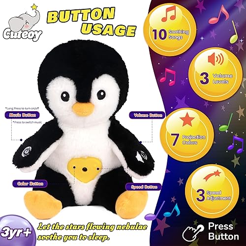 Miniatura 2 de Cuteoy Proyector de estrellas de pingüino de peluche, luz nocturna musical ajustable, animales de peluche, juguetes de peluche brillantes, regalos