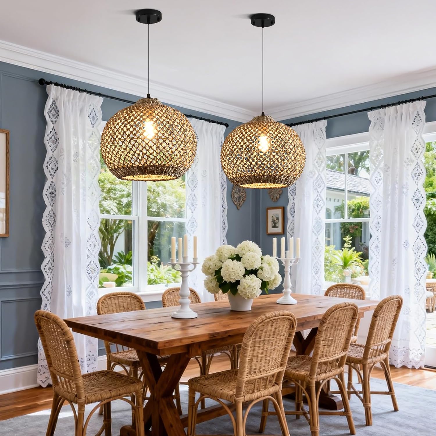 Pendant Light Rattan Fixture,Farmhouse 13.79” Wicker Hand-Woven Boho Hanging Chandelier for Kitchen Island Bedroom Living Room Entry Hallway
