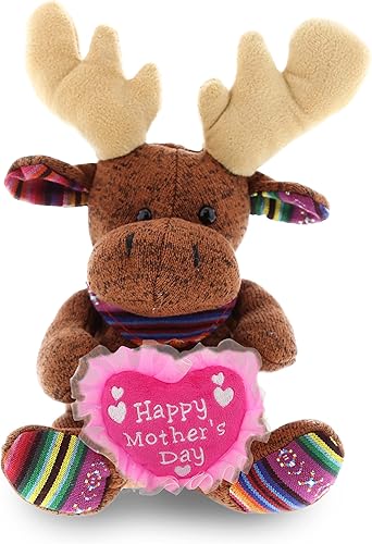 DolliBu Feliz Día de la Madre Super Suave Peluche Funky Sentado Marrón Alce  Lindo Animal de peluche con mensaje de corazón rosa para la mejor mamá,