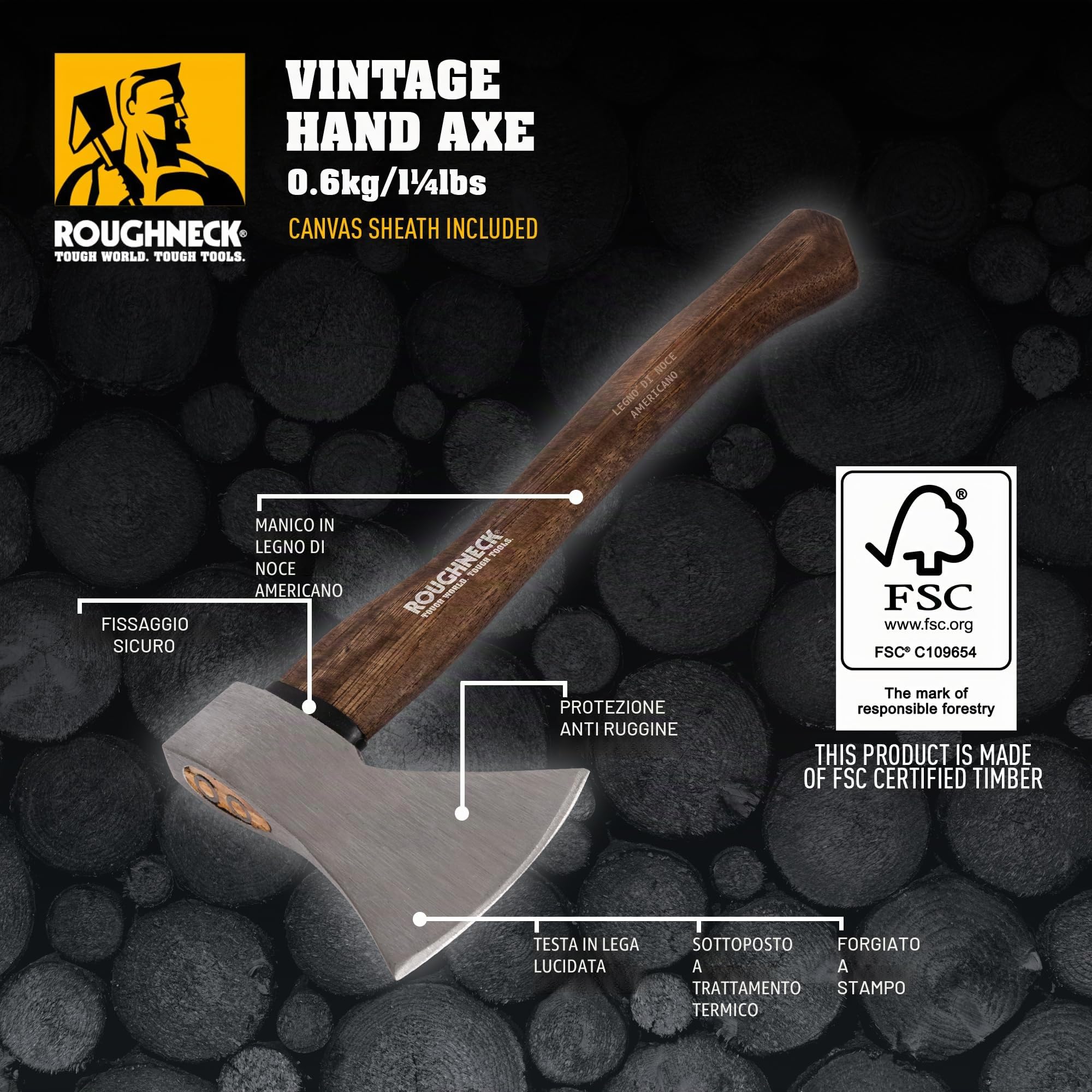 Roughneck rou65670 Ascia con manico in legno di noce americano, stile vintage, 600 g