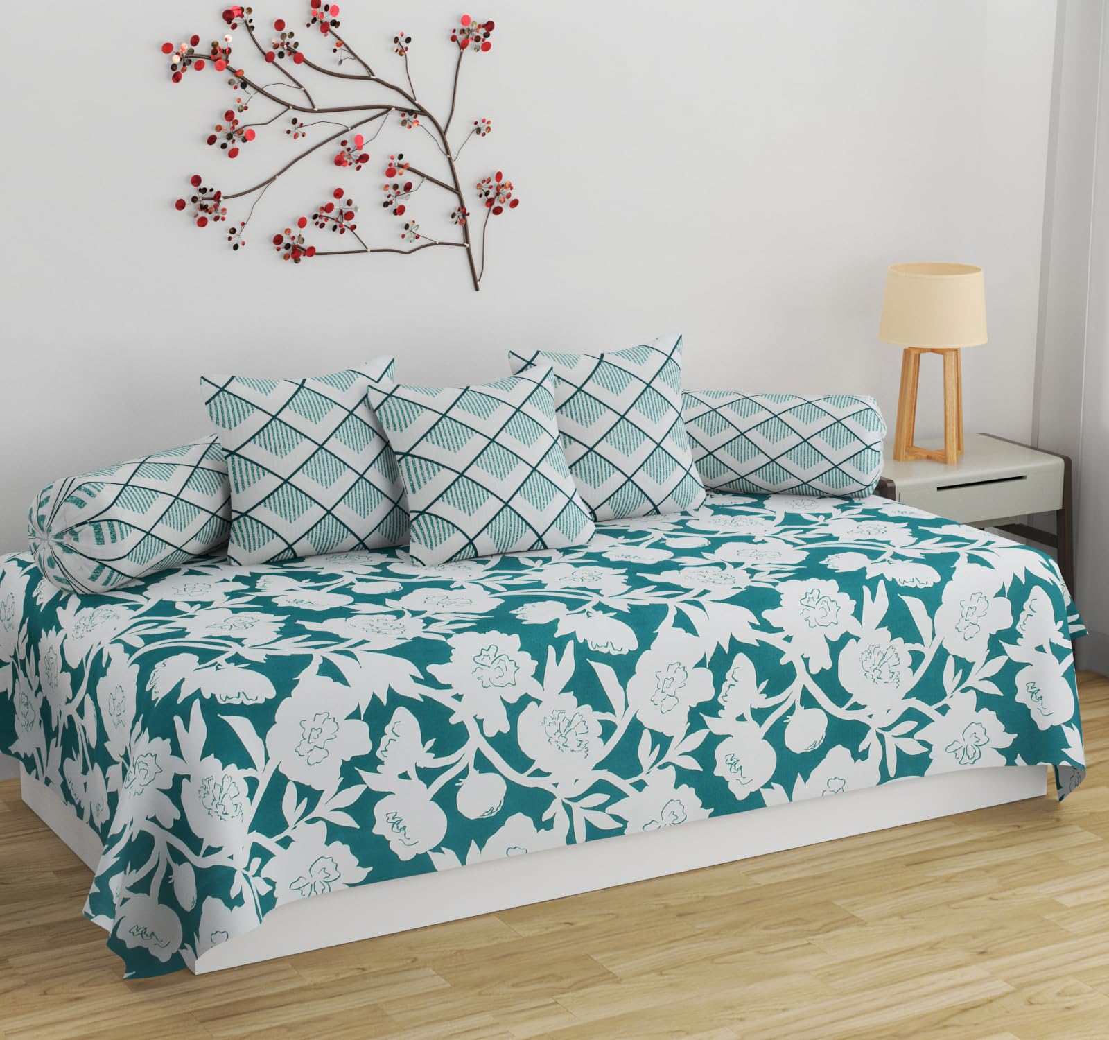 Pure Soft Cotton Floral Diwan Set Covers 6 Pieces - 1 Single Bed Sheet (60 X 90) with 3 Cushion (16 X 16), 2 Bolster Covers (16 X 32) - Green White-image-38
