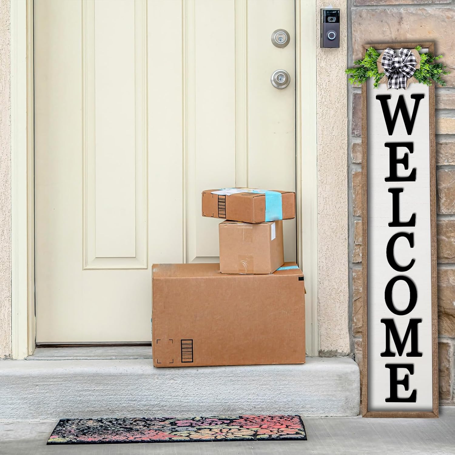 3d outdoor welcome sign for front porch standing 45"x9" large rustic farmhouse leaner tall vertical soild wooden framed plaque modren beautiful outside home front door decorations (wood white)