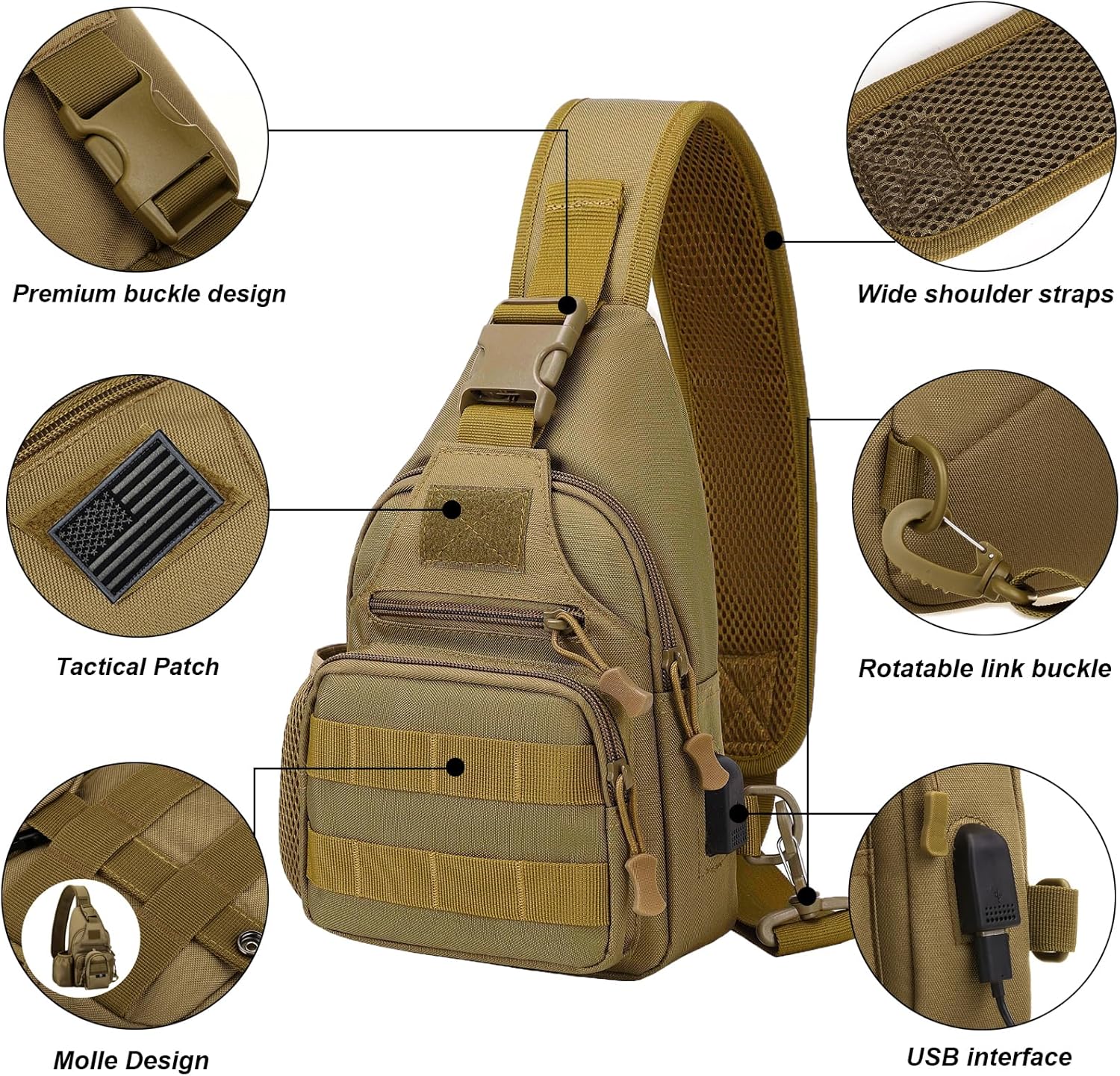 ZHIERNA Tactical Crossbody Bag for Men with Water Bottle Holder, MOLLE EDC Shoulder Sling Chest Bags with USB Charging Port for Travel Walk(Black) - Image 5