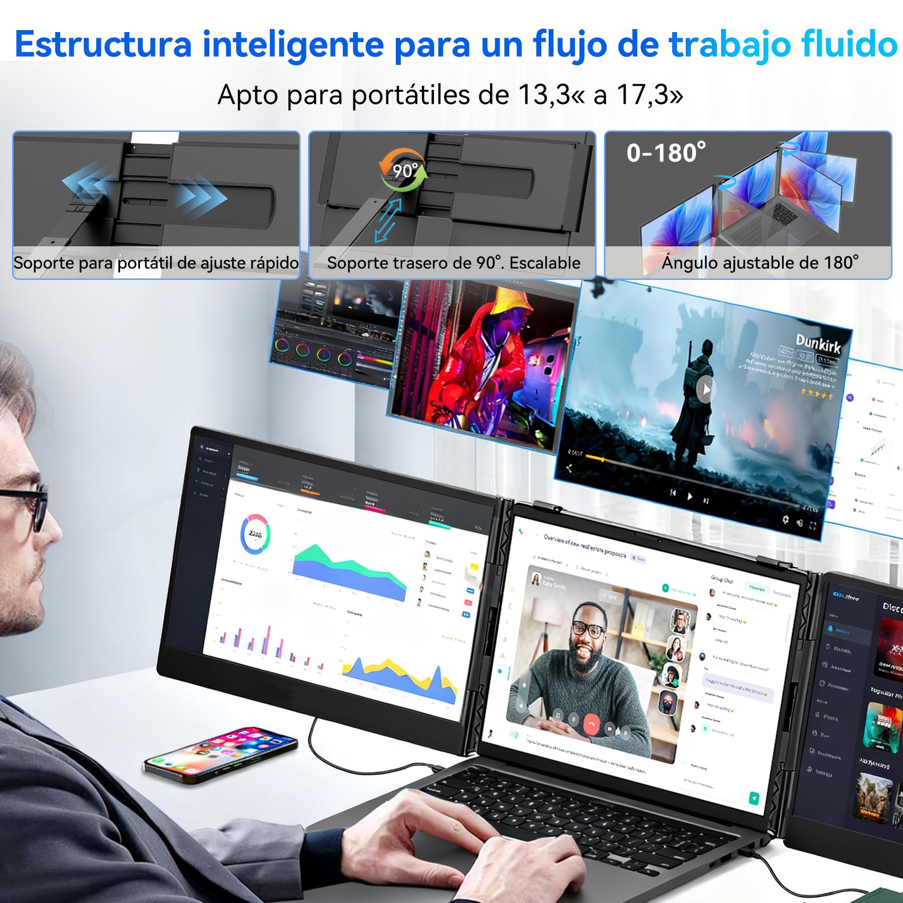 Blackview Monitor Portátil Triple Ultradelgado,14" FHD 1080P IPS Extensor Pantalla Portátil Ordenador con Soporte,Certificación TÜV Luz Azul Baja,con 13"-17.3" Windows/Mac/Chrome/Switch/PS5 — view 8