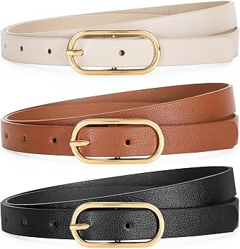 TRIWORKS Women Skinny Leather Belt for Dress Pants Jeans Ladies Thin Waist Belts with Gold Buckle