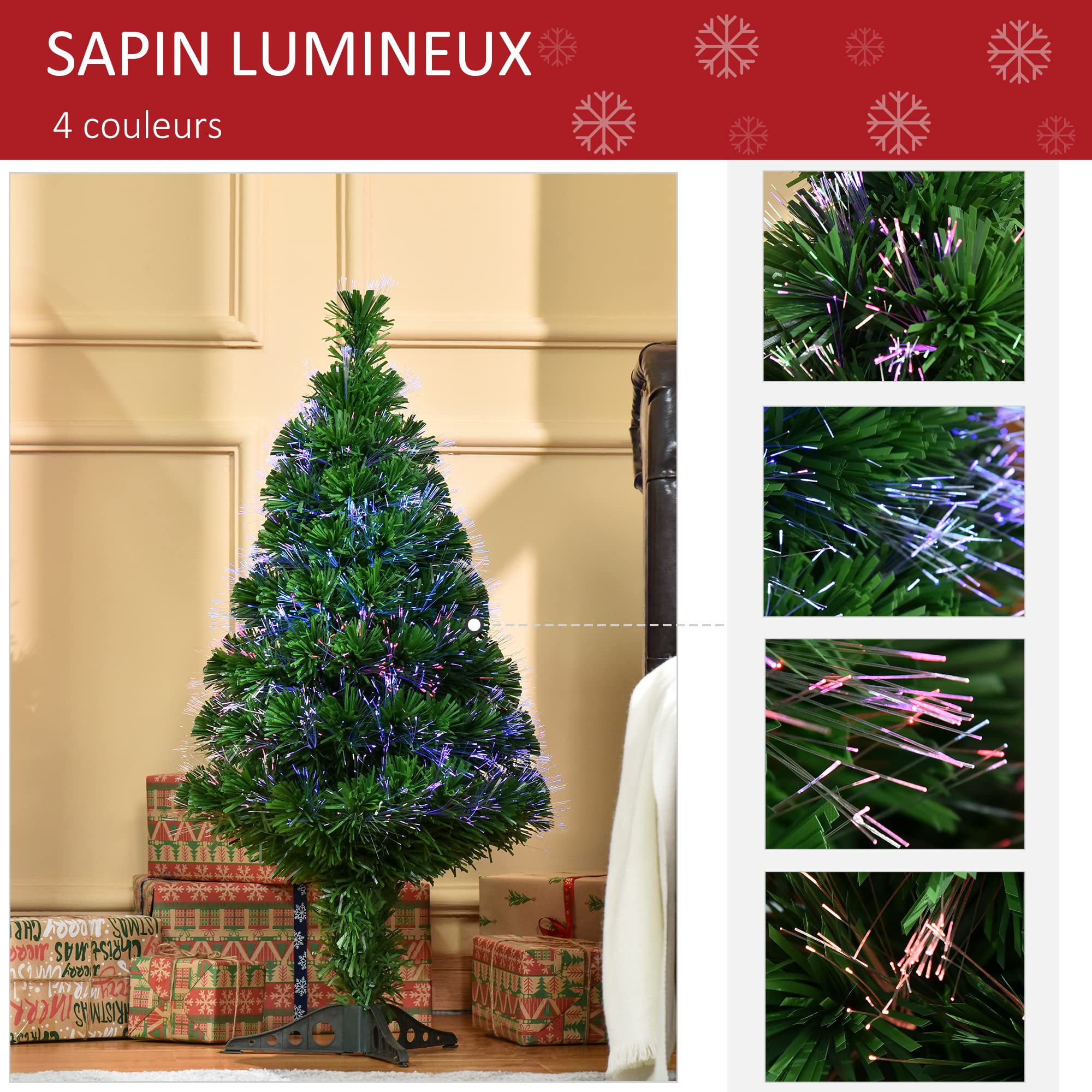 HOMCOM Sapin de Noël Artificiel Lumineux 90H cm Fibre Optique Multicolore + Support Pied 90 Branches Vert