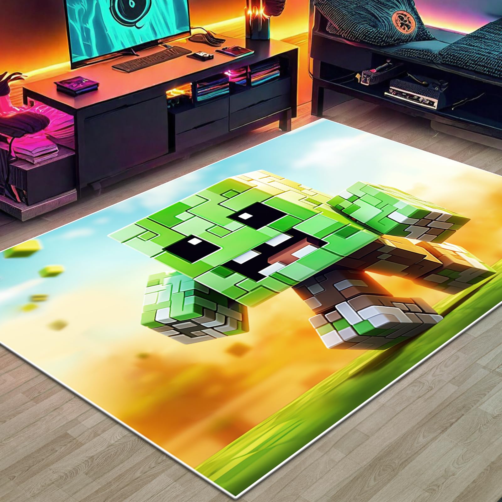 Block Game Rug Teen Boys Carpet with Pixel Games Decoration Mat, Green Man Cube Block Game Rugs for Boy’s Bedroom Living Room Playroom, Non-Slip