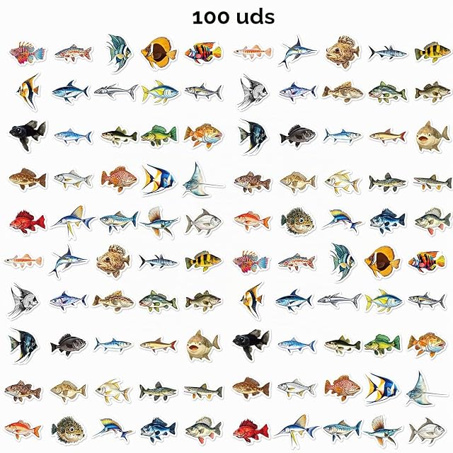 Foto 2 de 8 de 100 Pegatinas de Peces de Animales Marinos, Pegatinas Impermeables de Vinilo para Niños, Monopatín, Portátil