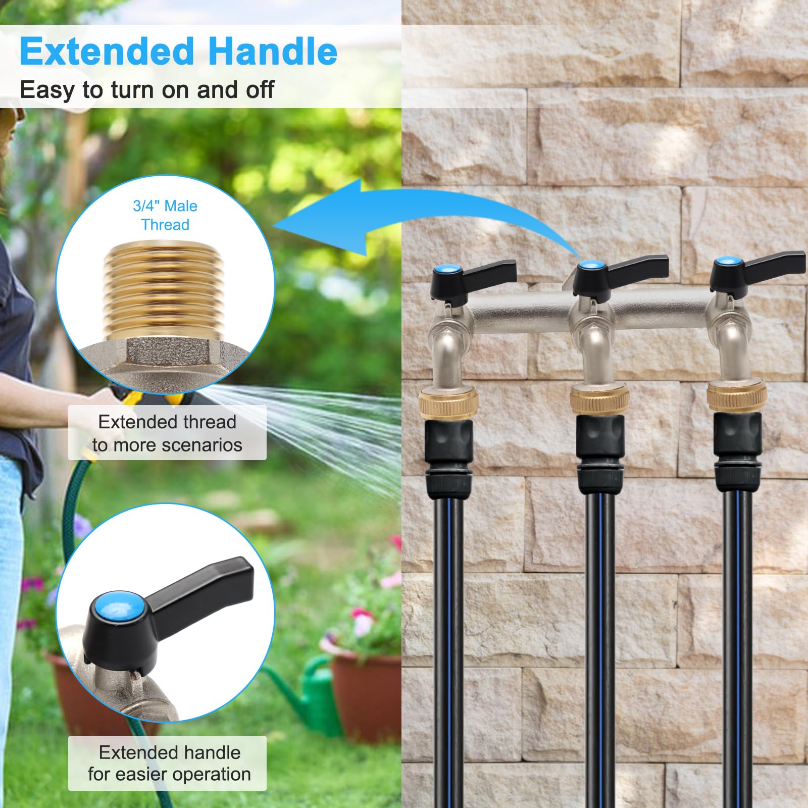 3-Wege Wasserhahn Garten 3/4 Zoll, Garten Doppel Wasserhahn mit 3 Stück 3/4 Zoll auf 1/2 Zoll Hahnanschluss für Haus, Hof/Waschmaschine