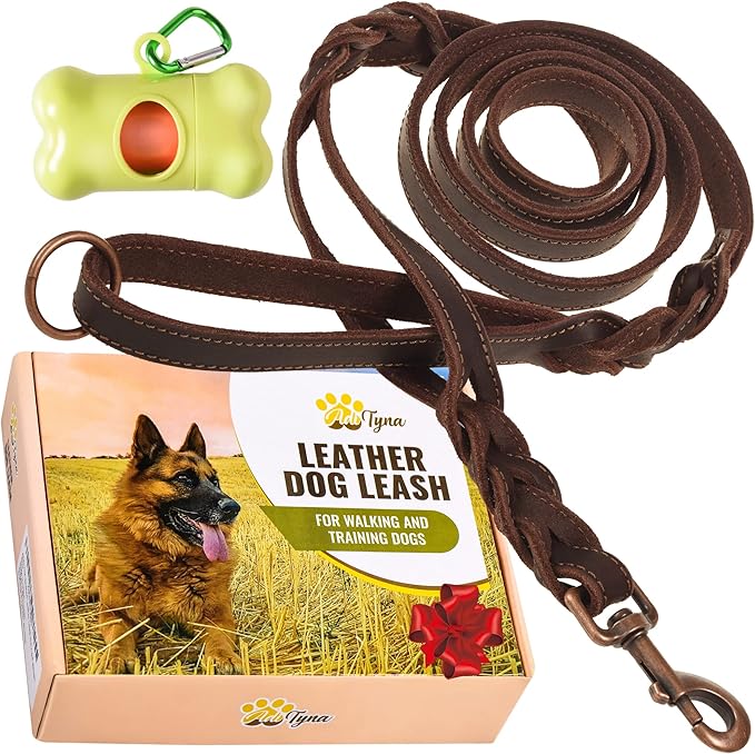 ADITYNA Double Handle Leather Dog Leash 6ft Heavy Duty