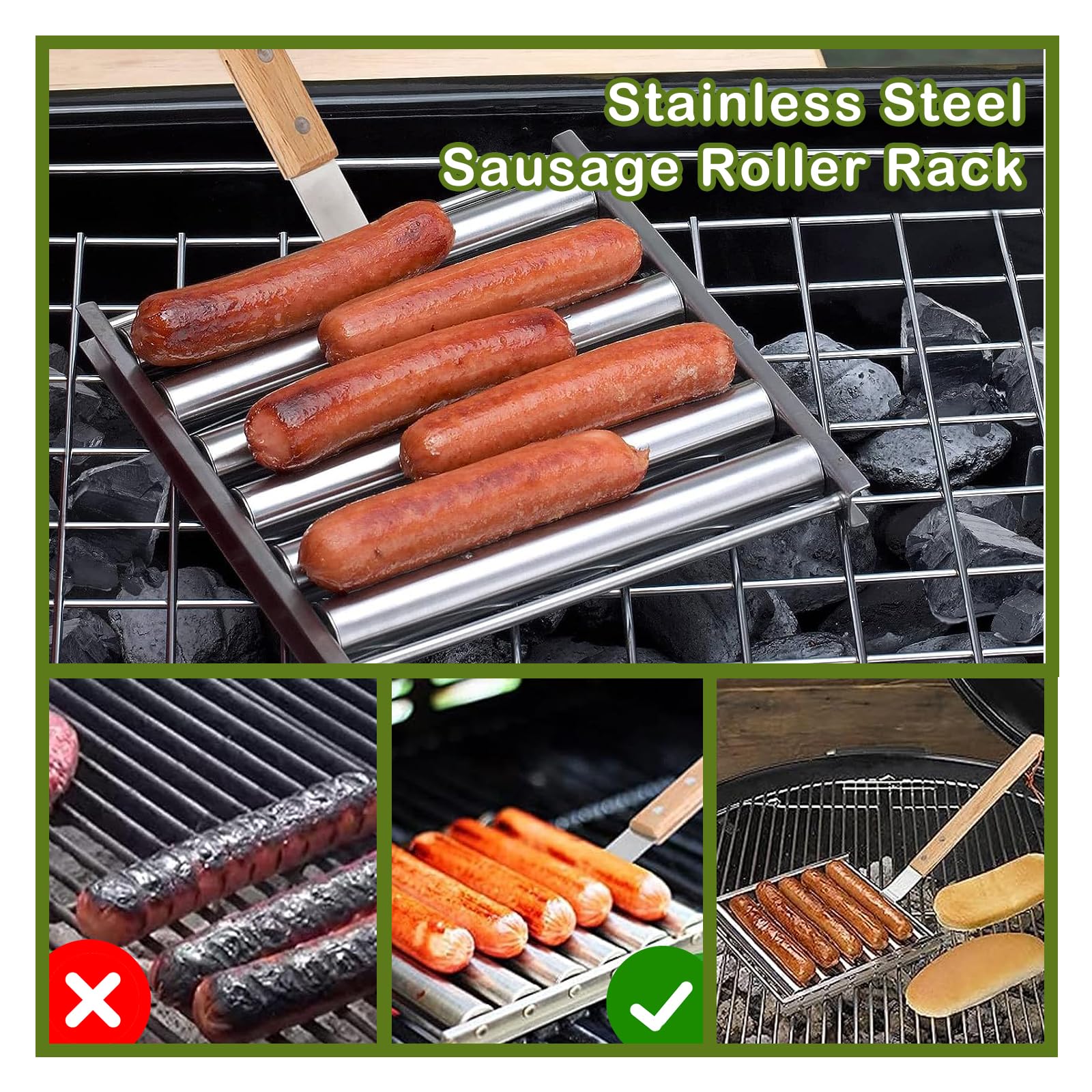 Rouleau à Hot-dog Pour Barbecue - 5 Hot-dogs, Acier Inoxydable Antiadhésif, Manche En Bois - Pour Grill Et Camping
