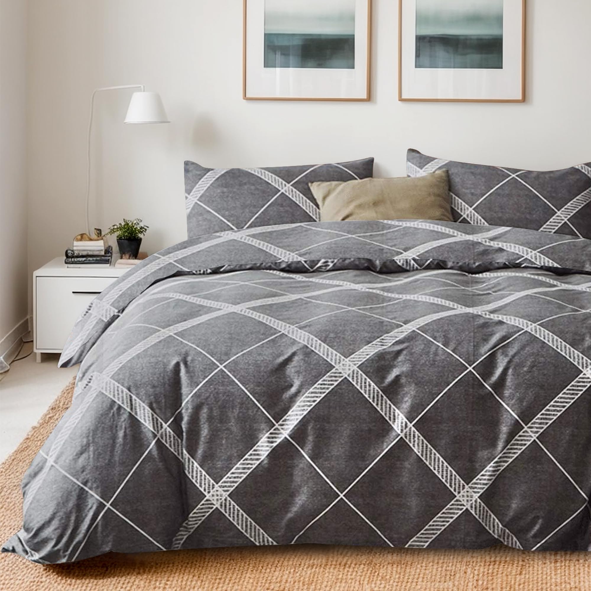 TOCOMOA Plaid Duvet Cover Set 100% Natural Cotton, Grey &amp; White, Queen