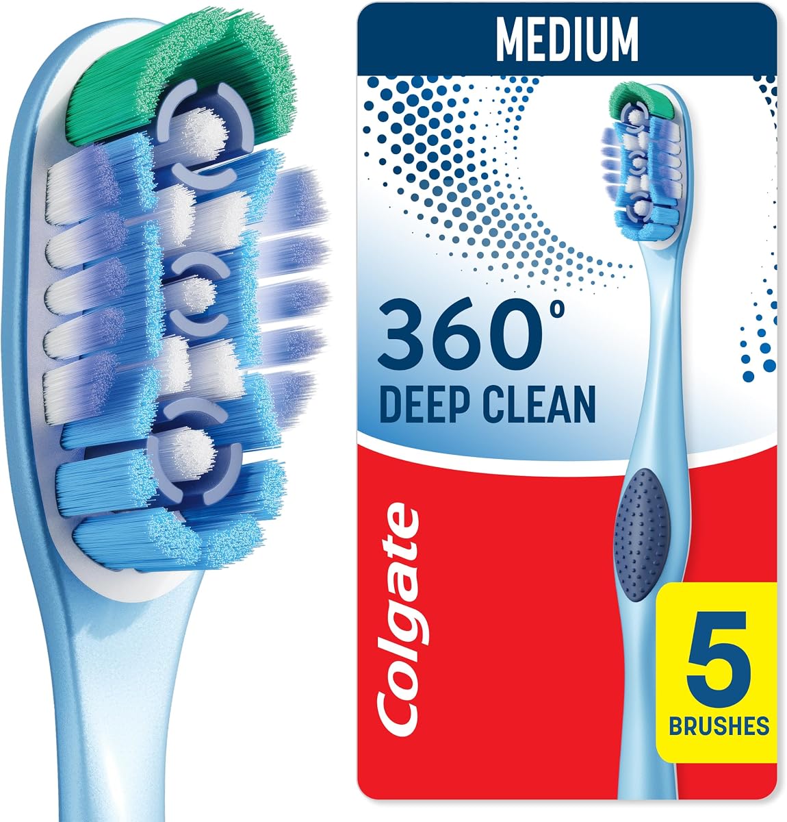 Colgate 360 Deep Clean Toothbrush with Medium Bristles, 5 Pack, Adult Manual Toothbrushes with Multiheight Bristles, Easy to Open, Recyclable Packaging