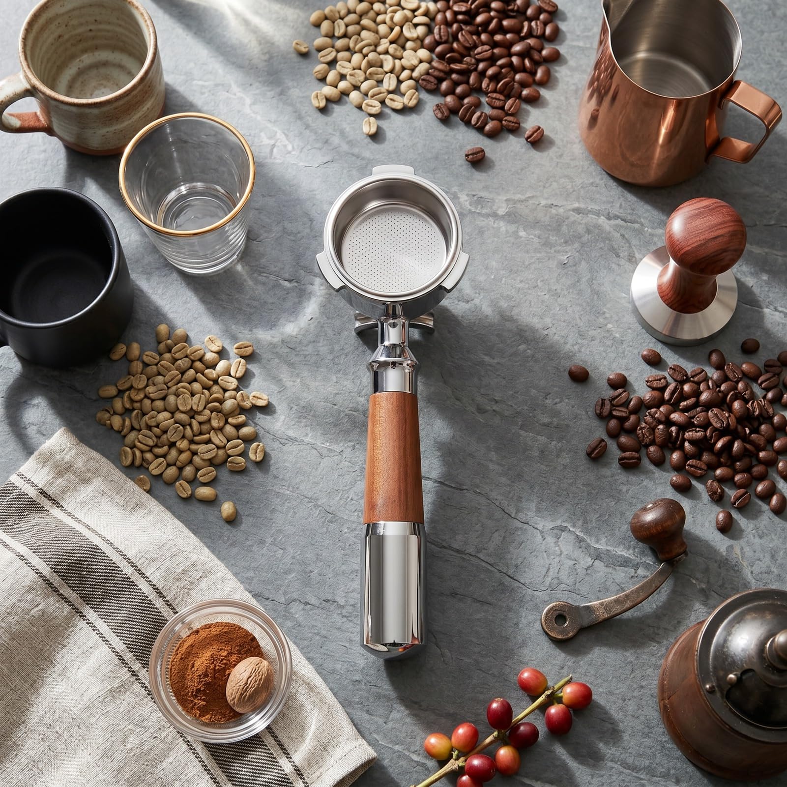 TOPINCN Espressosiebträger 51mm Edelstahl, Walnussgriff, 3 Ohren, für Siebträgermaschinen (Doppelter Auslauf mit Bodens)