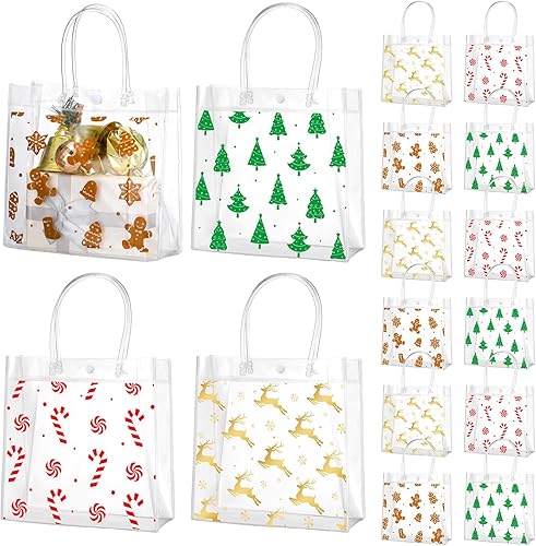 Zhanmai 24 bolsas de regalo de plástico transparente de Navidad con asa, bolsas reutilizables para envolver regalo, árbol de Navidad, pan de