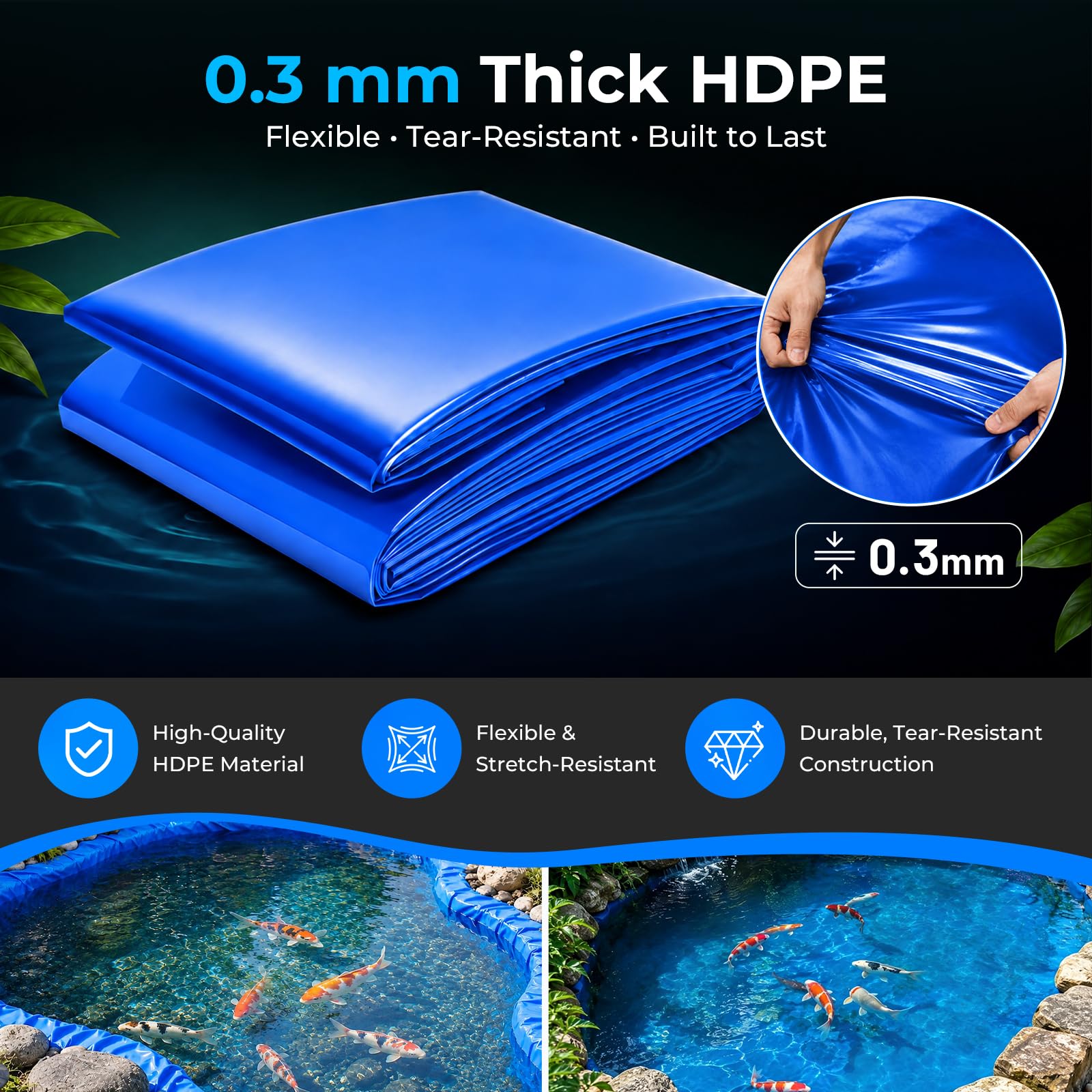 3x4m Teichfolie, HDPE Teichfolien 0.3mm Stärke UV-Beständig für Gartenteich
