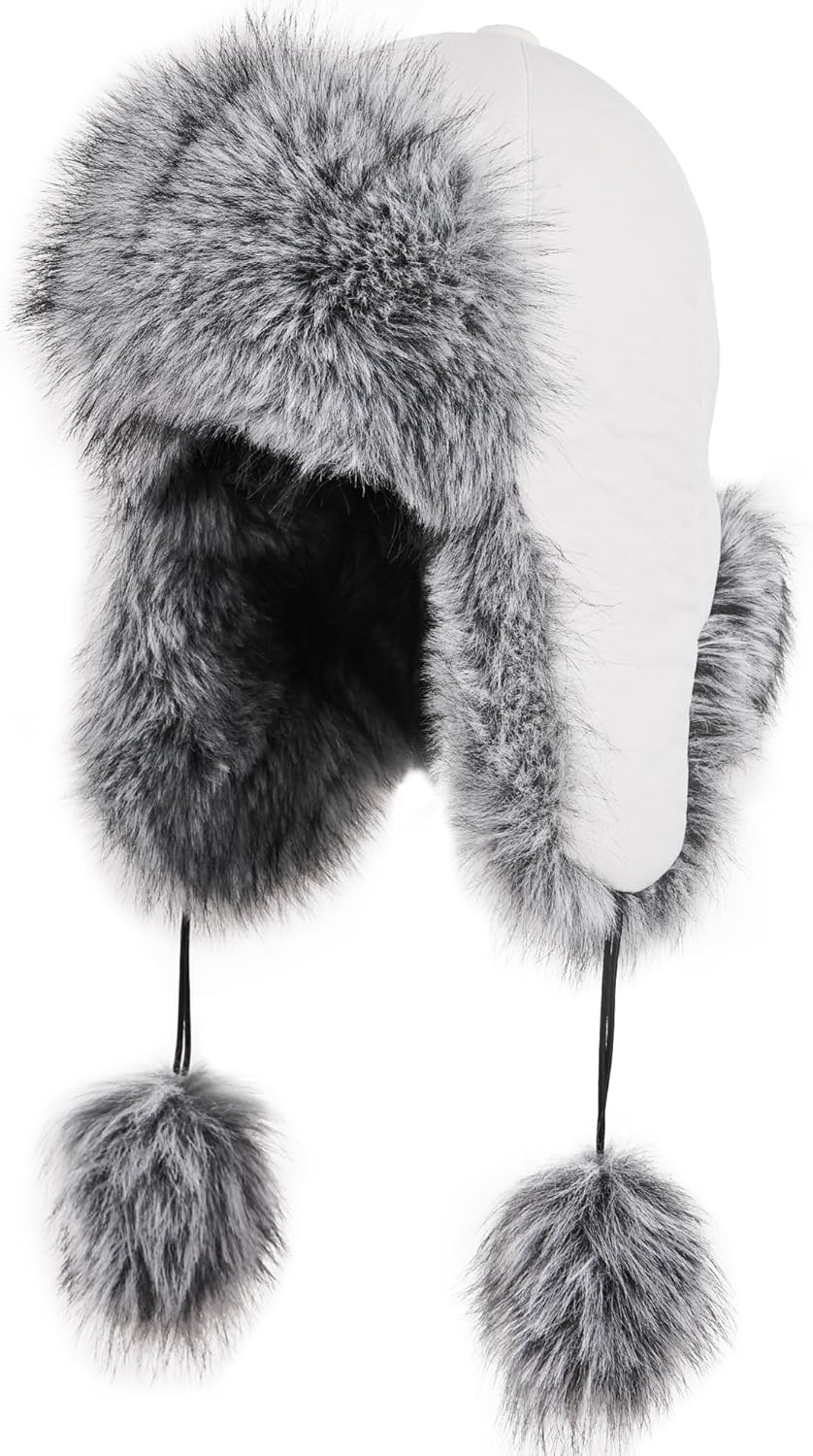 Women Faux Fur Trapper Hat with Pompoms Warm Classic Ear Flaps Fuzzy Bobble Cap Warm Outdoor Ski Snow Cap for Women and Men
