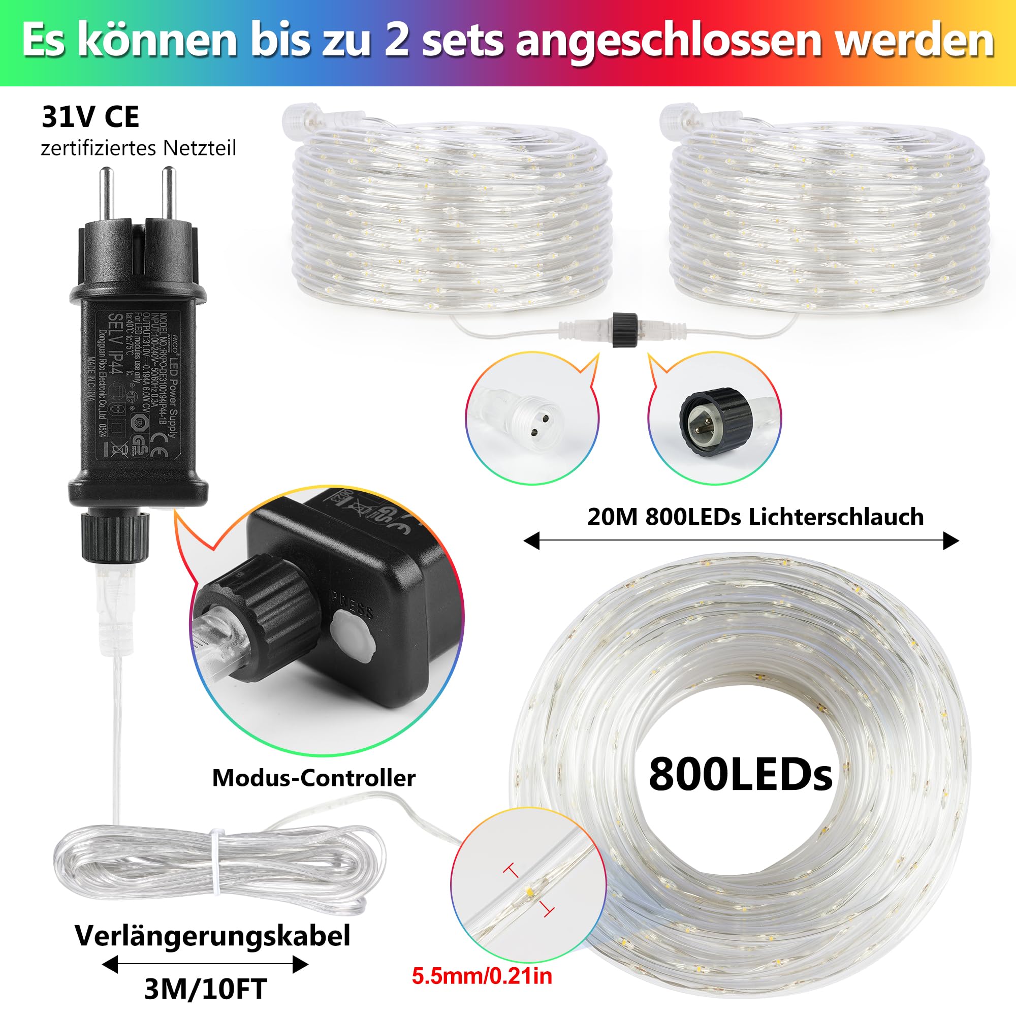 StarryEver Tubo LED da 20 m per esterni, diametro 5,5 mm, 800 LED, illuminazione natalizia, multicolore, alimentazione elettrica, per Natale, giardino, balcone