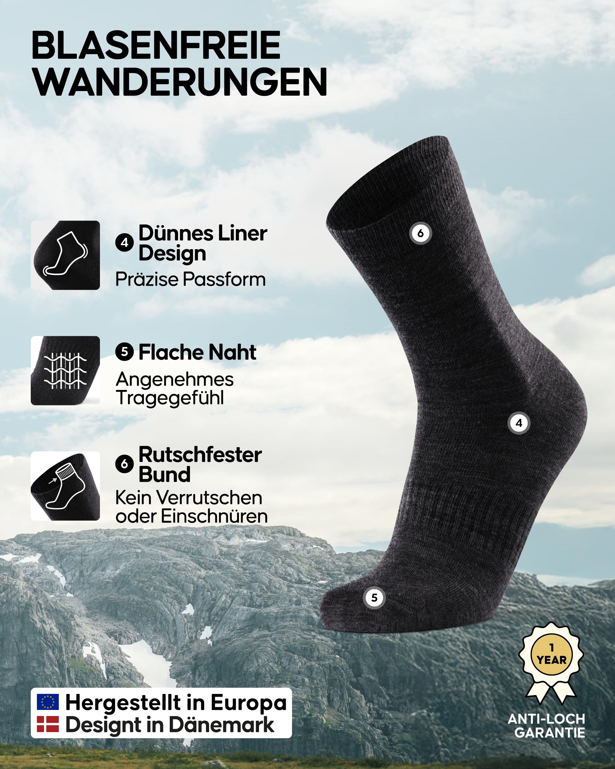 DANISH ENDURANCE Merino Liner Wandersocken, Unterziehsocken, Anti-Blasen Socken, Leicht & Enganliegend, Herren & Damen, 2 oder 4 Paar