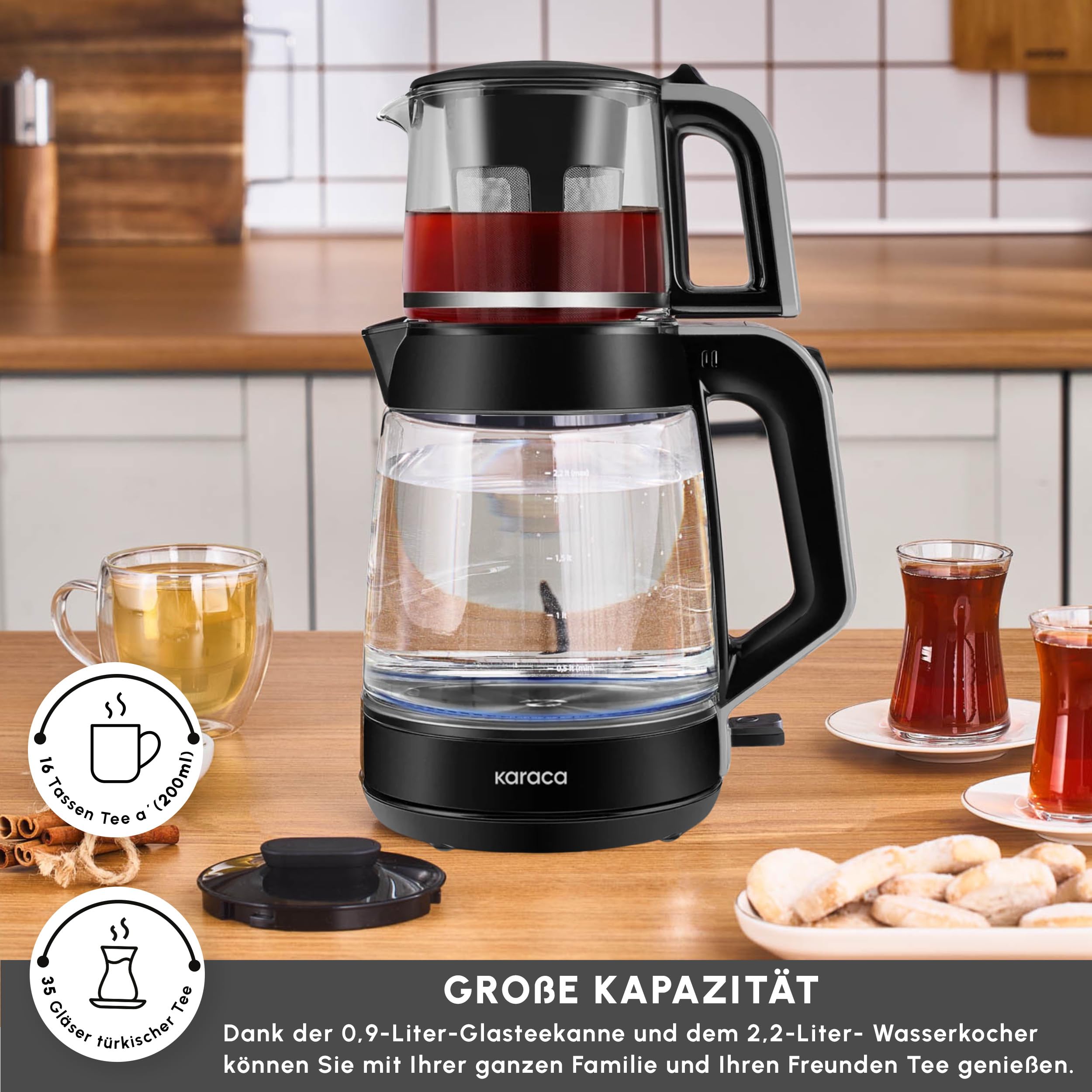 Karaca Glass Tea XL 2 in 1 Glas-Teemaschine & Wasserkocher Shiny Black, 0,9L Teekapazität & 2,2L Wasserkapazität, energieeffizient, automatische Warmhaltefunktion, 360° drehbare Basis, LED-Anzeige