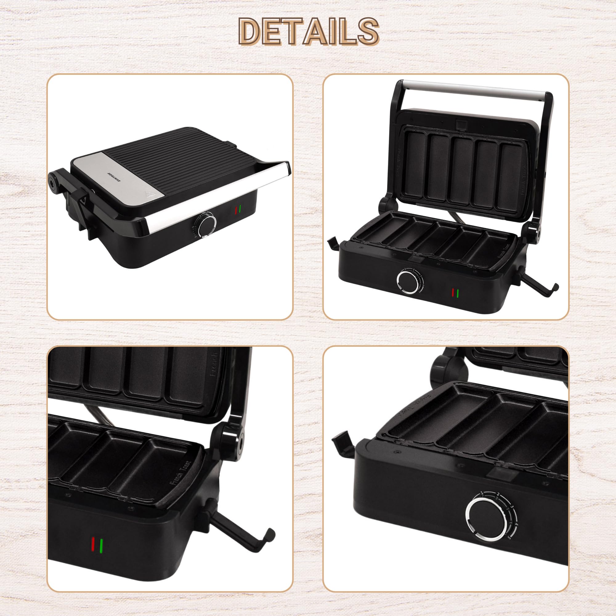 Syntrox French Toast Kombigerät Multifunktionsmaker mit Wechselplatten, Kontaktgrill Edelstahl, Multifunktions Sandwichmaker, mit austauschbaren Platten, multifunktionales Küchengerät