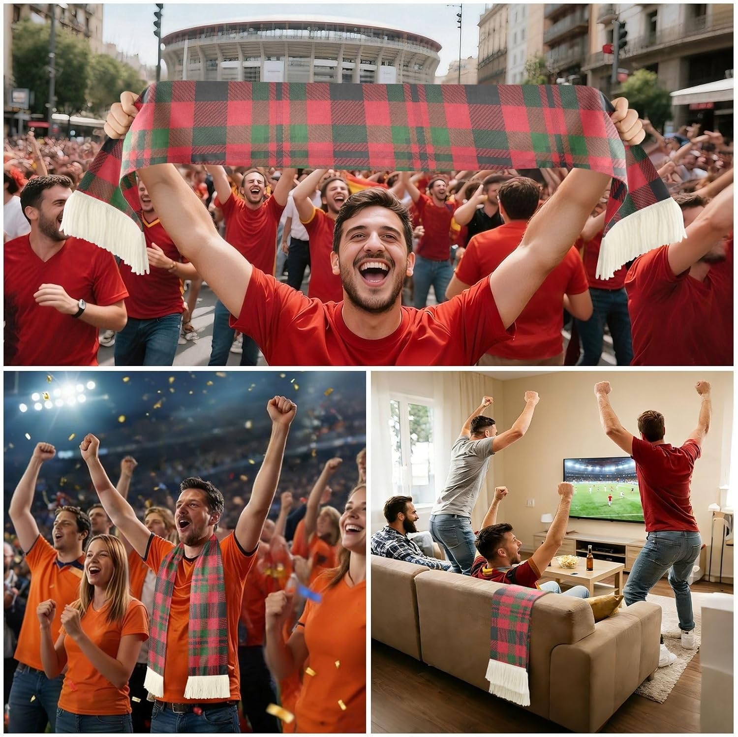 CHIFIGNO Plaid Red Black Green Sports Fan Scarf Towel, 100% Polyester Quick Dry Cheering Scarf for Soccer Games, Soft Fringe Ends Rally Towel