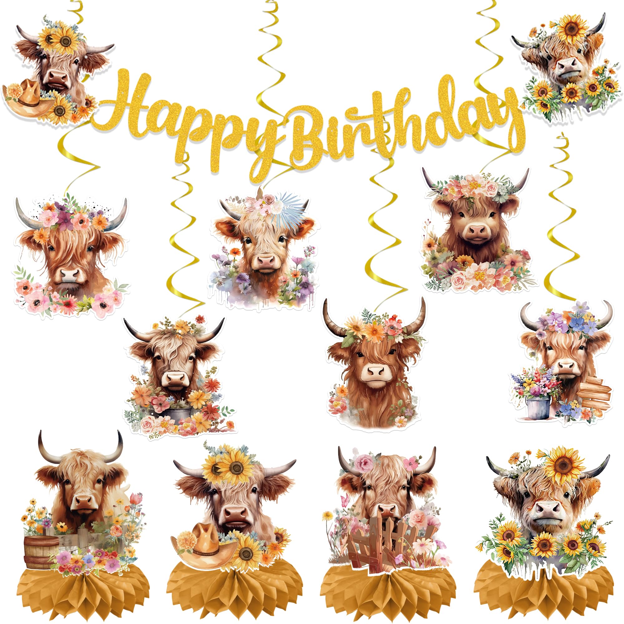 19pcs Highland Cow Birthday Party Decorations For Girls Women Boho