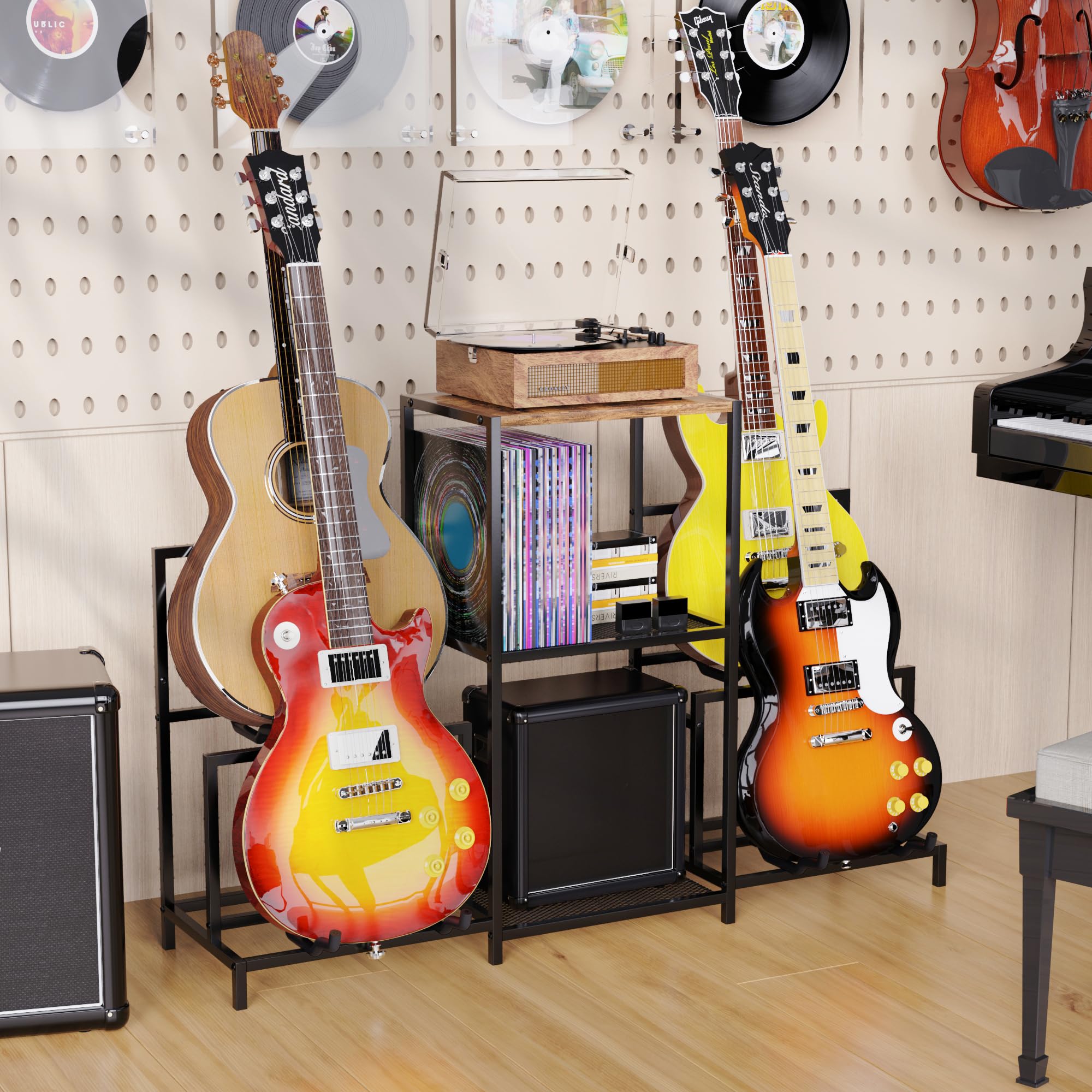 VGMiu Gitarrenständer für mehrere Gitarren mit 3 Etagen | Schwarzer Gitarrenständer für Akustik-, E-Gitarre, Bass, Plattenspieler, Gitarrenständer für Heimmusikstudio