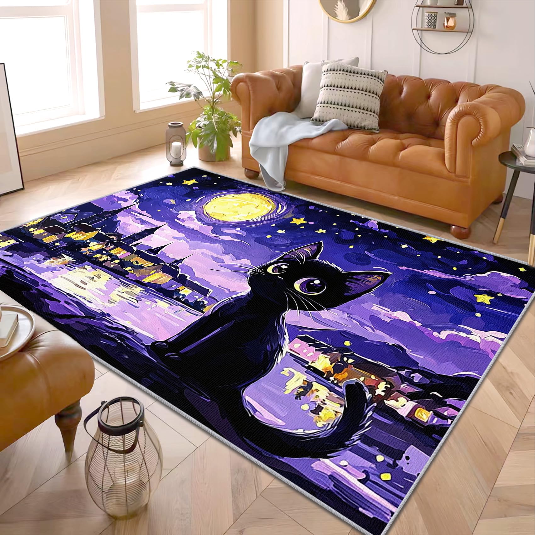 Katzen Teppich Kinderzimmer - Teppiche Wohnzimmer Schlafzimmer Katzenmotiv, Großer Teppich Cartoon, Weich Kurzflor & Waschbar & rutschfest Kinderteppich, Bettvorleger 100x200 cm
