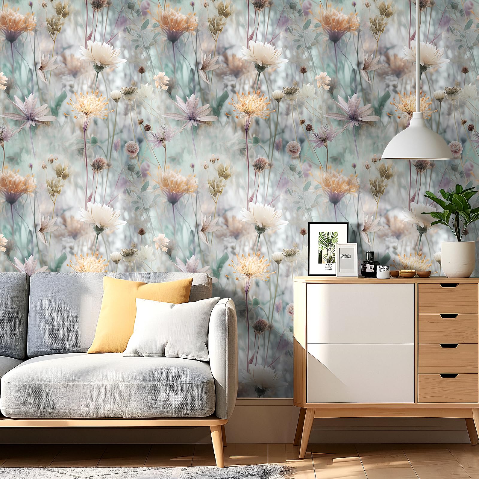 FunStick 44.5CM×9M Papel Pintado Pared Flores Diente de León Gris Revestimiento de Paredes Baño Papel de Pared Autoadhesivo Habitacion Dormitorio Flores Silvestres Vinilo Adhesivo Muebles Cocina Gris