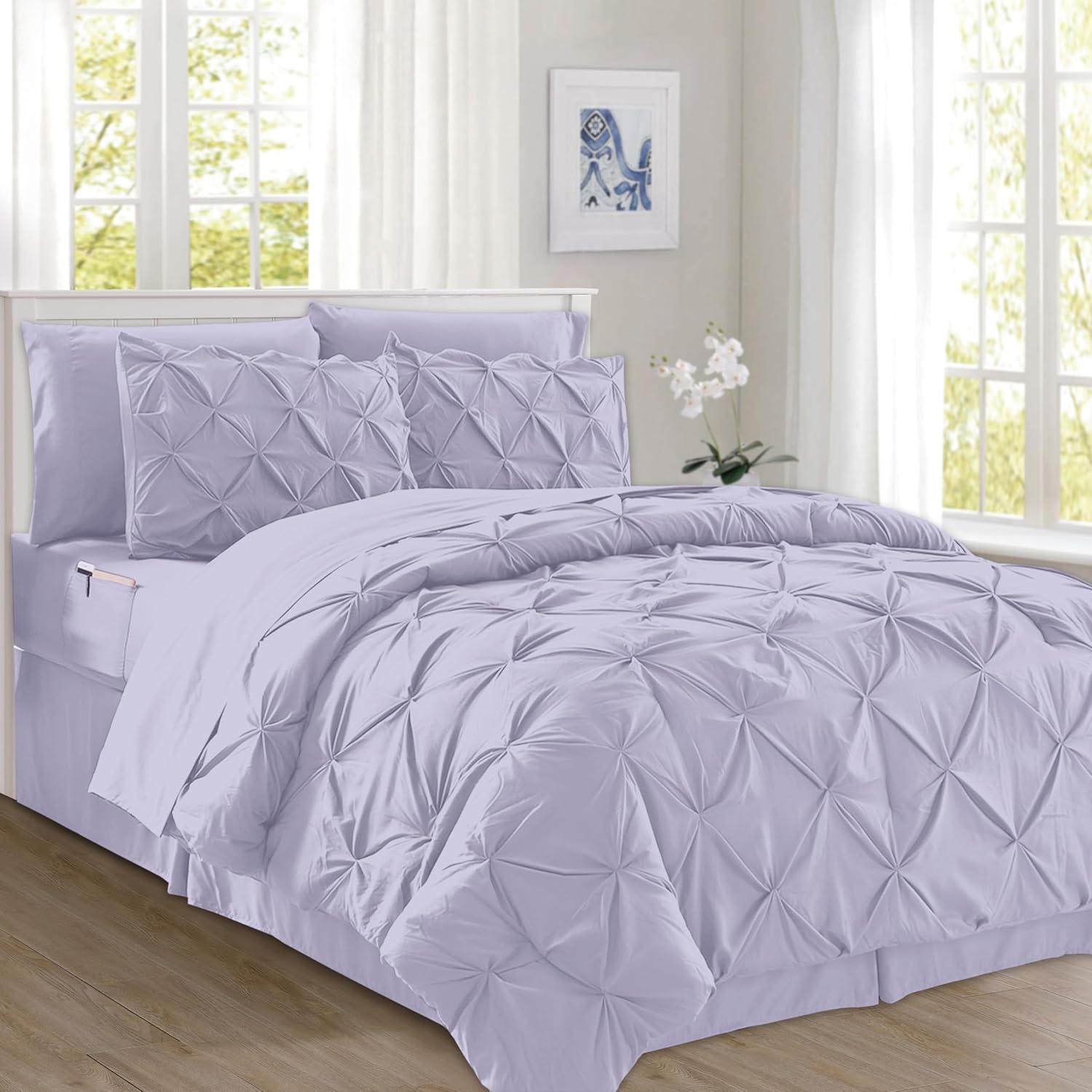 WHITE NOT LAVENDER *** Elegant Comfort 8-Piece Pinch Pleated Comforter Set - All Season Complete Bed in a Bag, Includes 8 pc Smart Sheet Set, Bed Skirt, Comforter, Matching Pillowcases and Shams, King/Cal King, Lavender King/California King Lavender