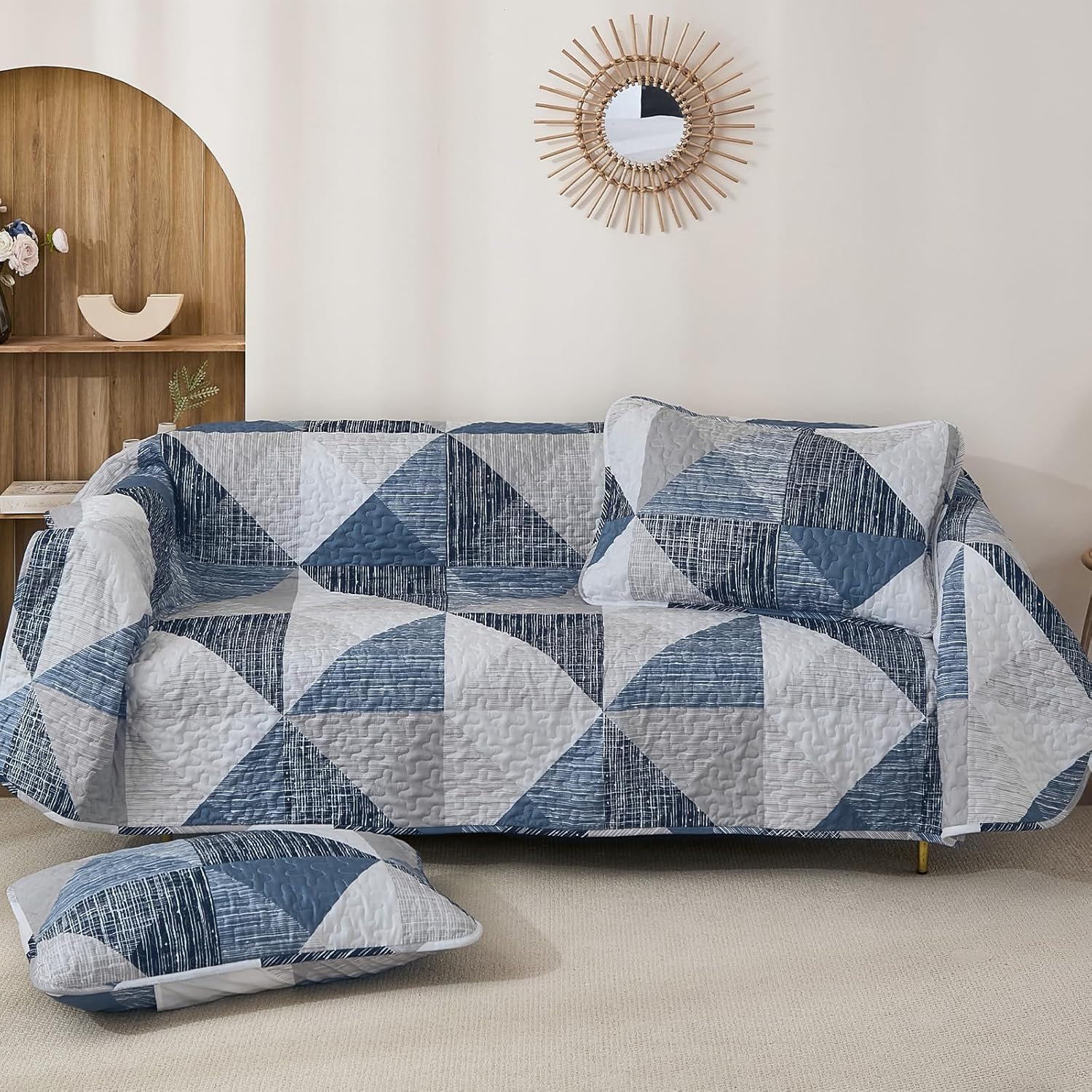 Dintszyayue Quilt Queen Size Blue, 3 Pieces Patchwork Bedspread Bedding for Queen Size Bed, Soft Lightweight Microfiber Geometric Coverlet Set for All Season Quilt with 2 Pillowcases - Image 9