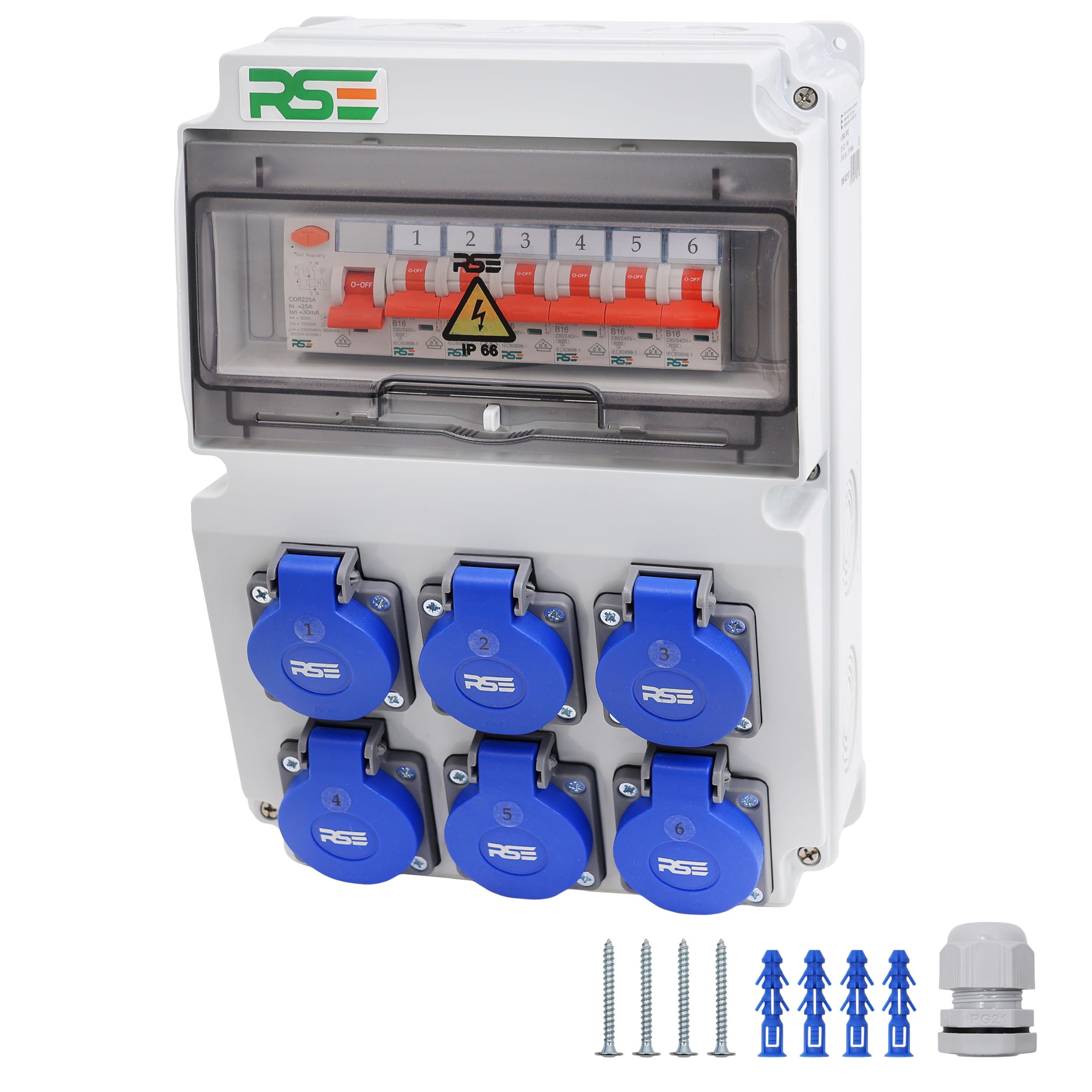 RSE Bouwstroomverdeler, wandverdeler, volledig bekabeld, 230 V, met contactdoos met teller, IP65, 7. 6 x 230 V, met LS