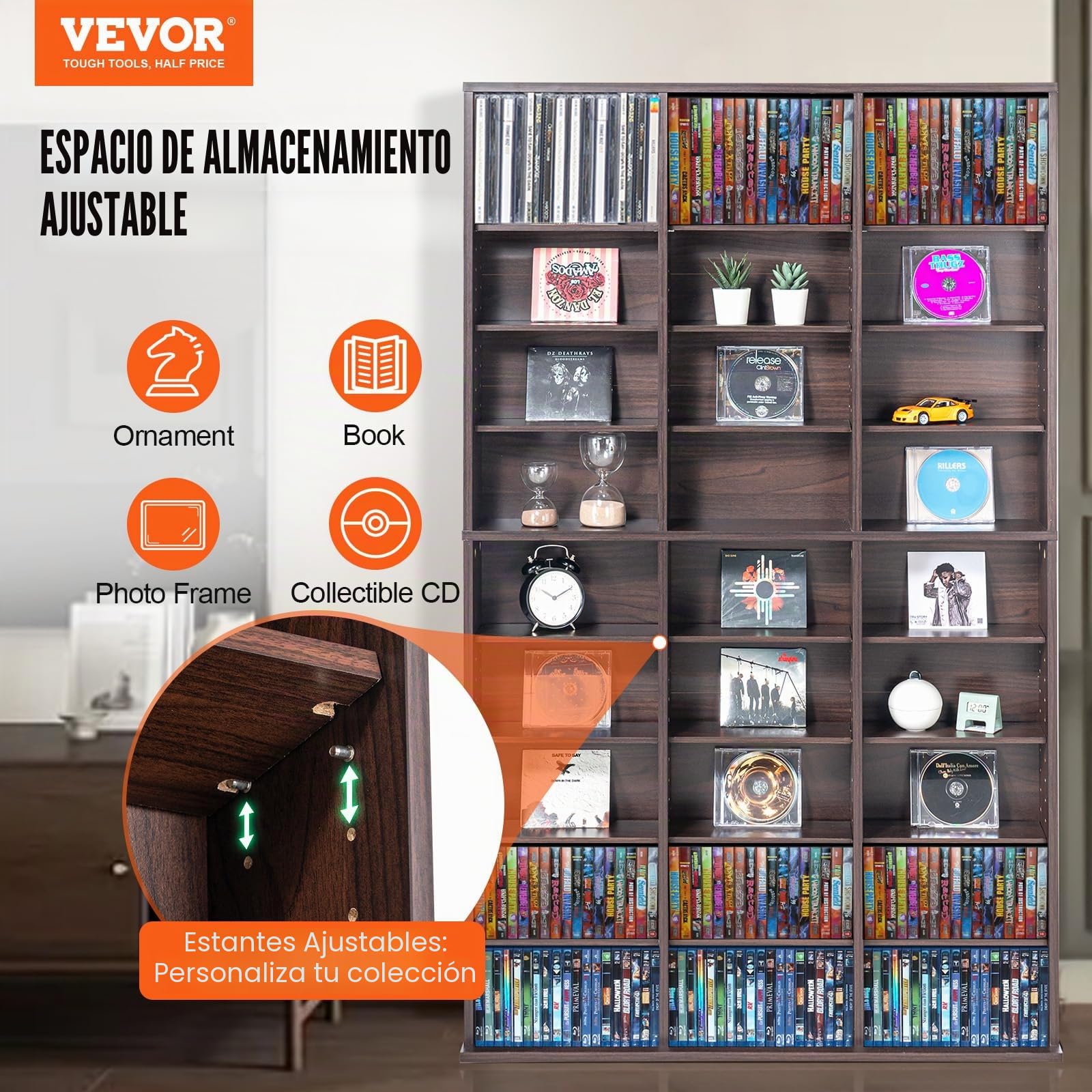 VEVOR Gabinete de Almacenamiento Multimedia Estante Ajustable para DVD de 9 Capas con Capacidad para 756 CD, 27 Compartimentos para Colecciones de Música, Película, Videojuego, Color de Café Expreso