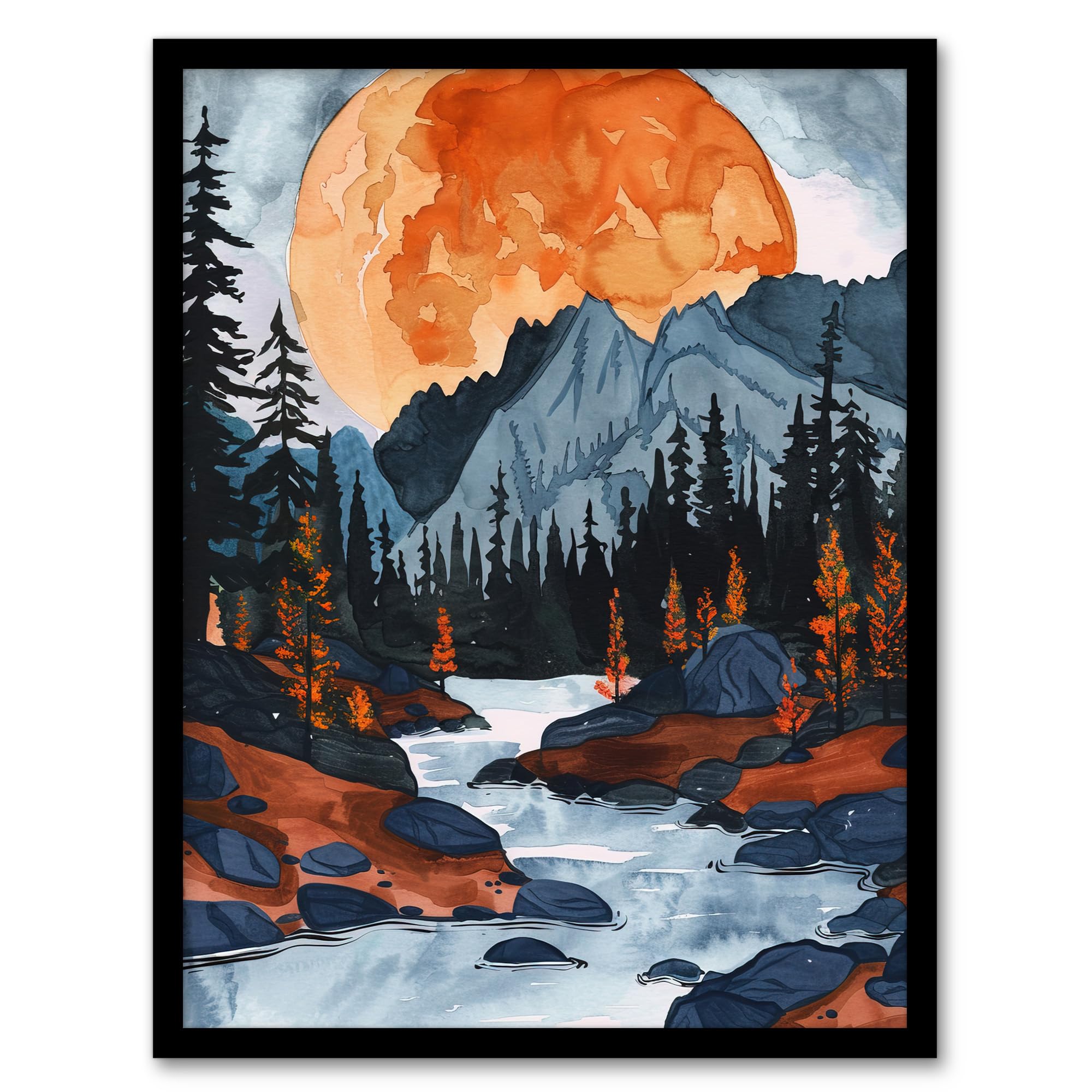 Artery8 Orange Harvest Moon Over Rocky Mountains Forest Living Room Artwork Framed Wall Art Print A4