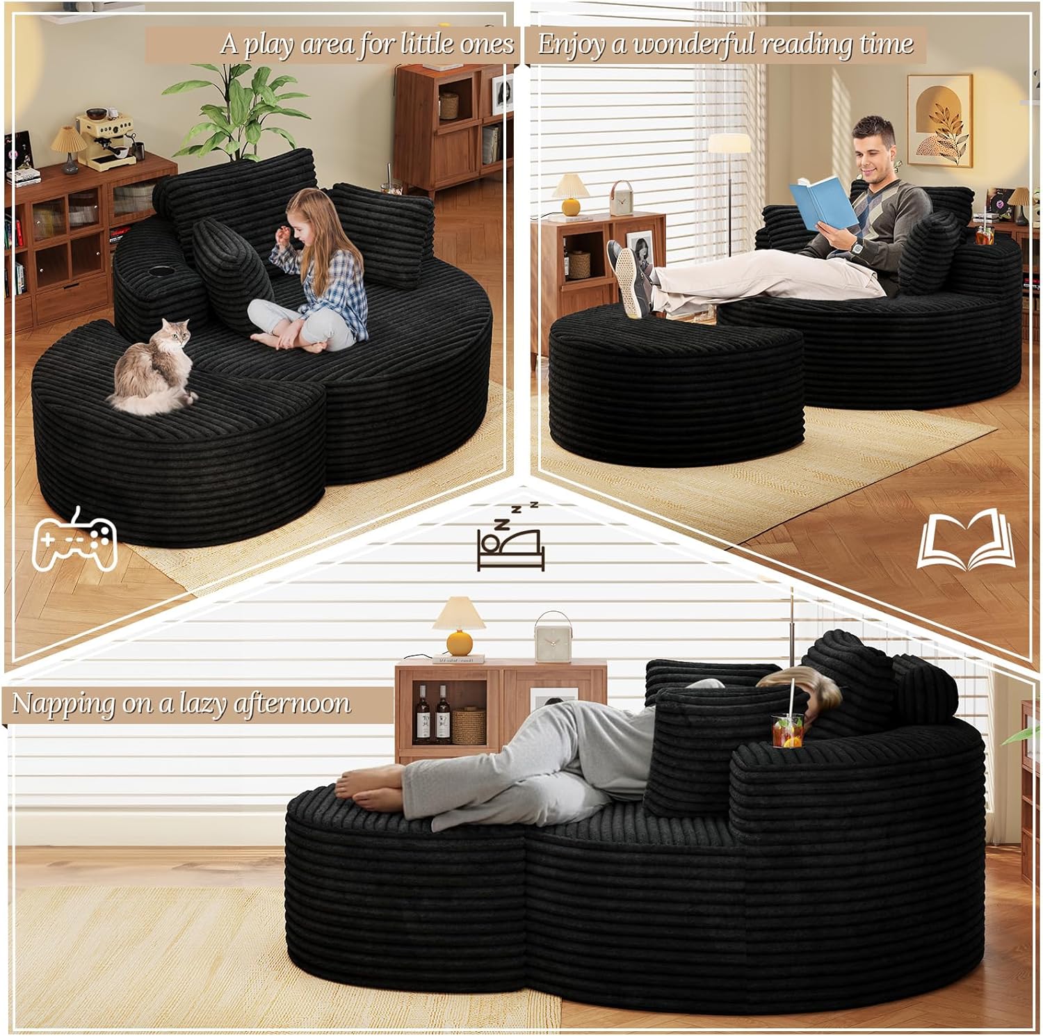 Round Chaise Lounge with Ottoman, Boneless Cloud Corduroy Curved Reading Lounge Sofa Chair with Cup Holders, Circle Memory Foam Chaise Chair and Ottoman Set for Study, Living Room, Sunroom, Black