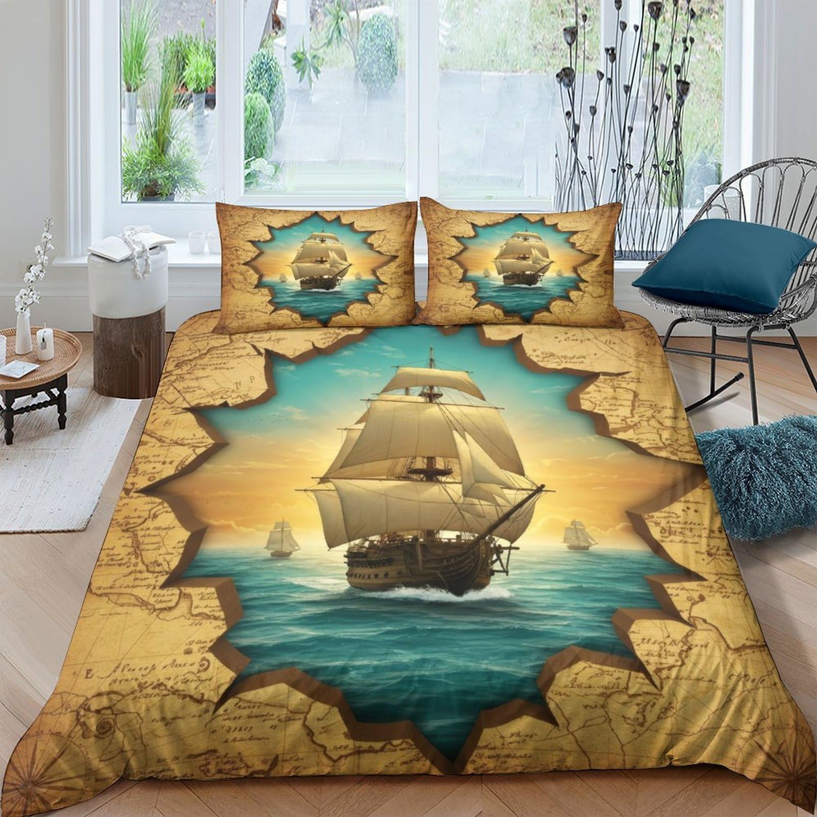 Ctjqhvkz Style-5 3D Printed Vintage Nautical Ship Fitted Sheet Microfiber Soft Anti-Slip Map Bed Cover Bedroom Decor Machine Washable Single（135X200cm）