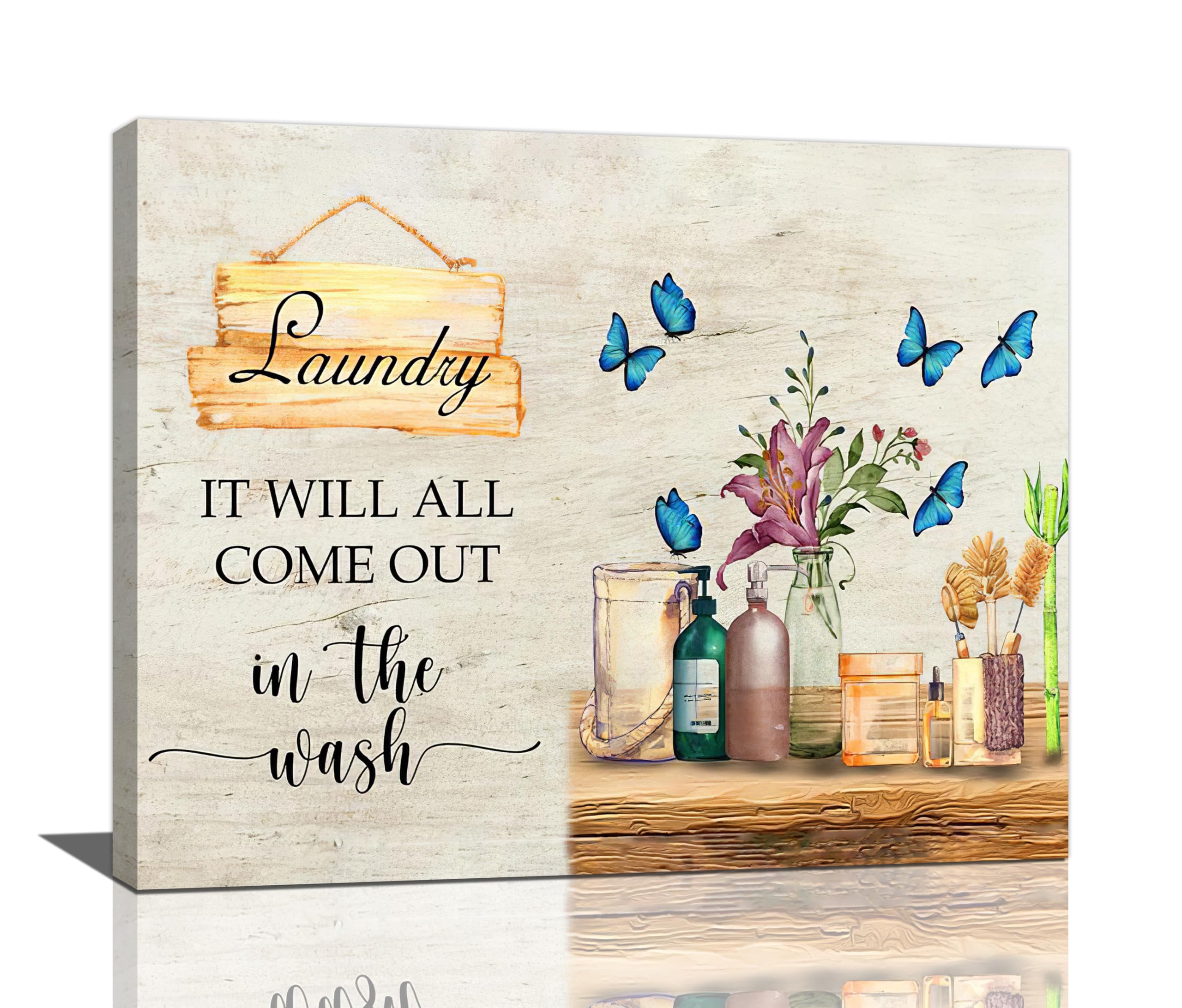 Farmhouse Laundry Room Wall Decor Rustic Laundry Room Signs Pictures Wall Art Country Butterfly Flower Floral Bathroom Canvas Print Painting Framed Home Artwork For Bathroom Washroom 20"x16"