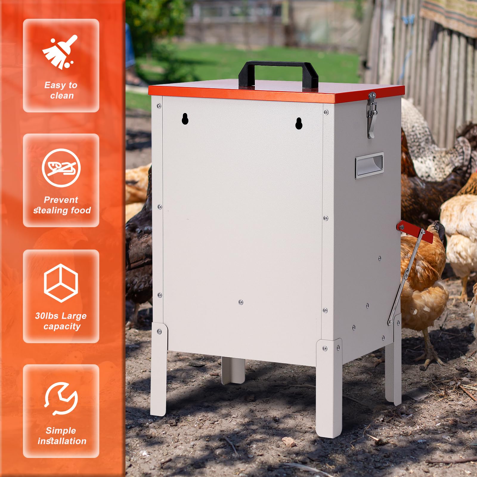 Comedero automático de 50 libras para pollos y patos, comedero grande para pollos, patos, gansos, palomas, perros, peces, gatos (naranja)