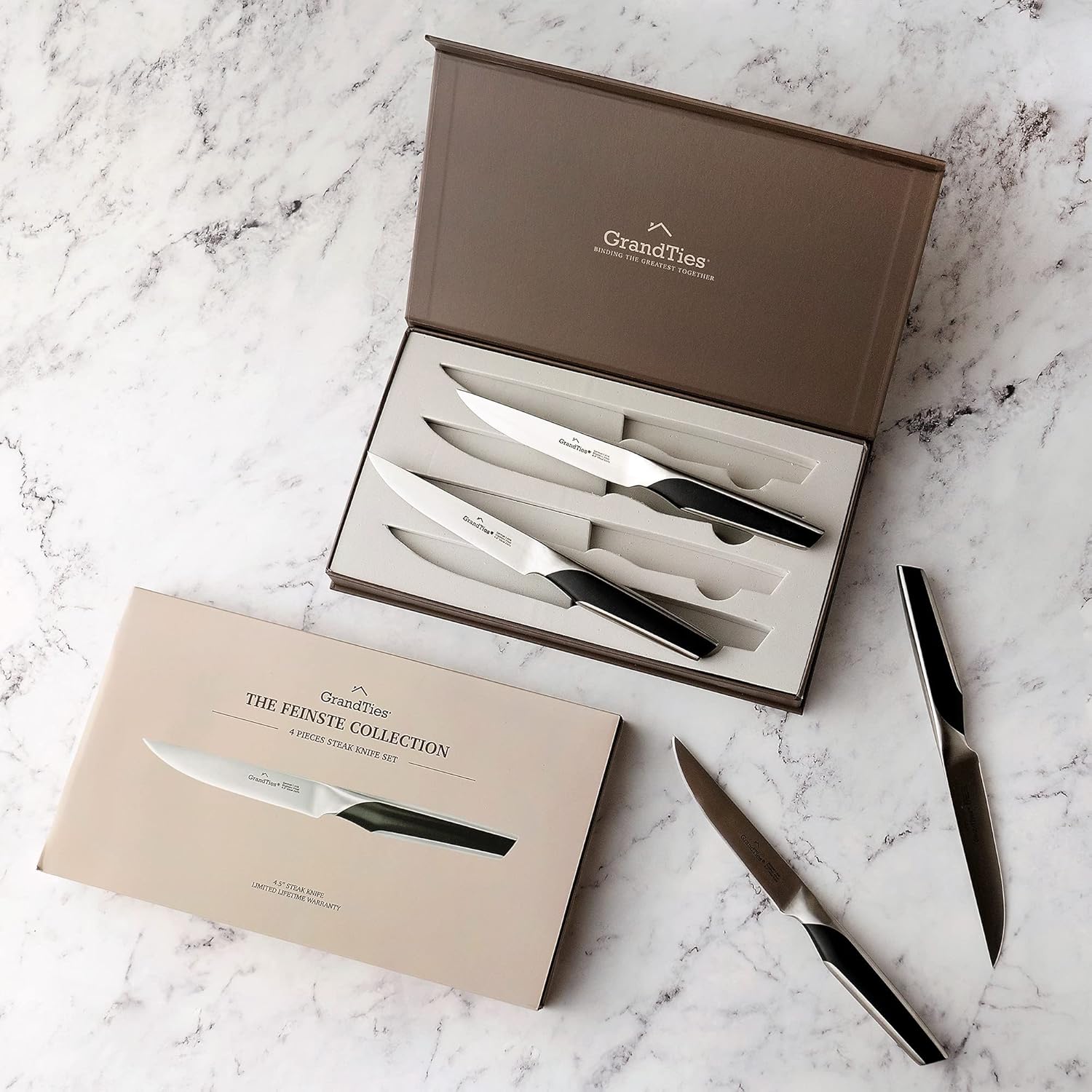 GRANDTIES FEINSTE Ultra Sharp Steak Knives Set of 4 – High Carbon German Stainless Steel, Non-Serrated, Full Tang – Premium Dinnerware Gift Set with Designed Gift Box