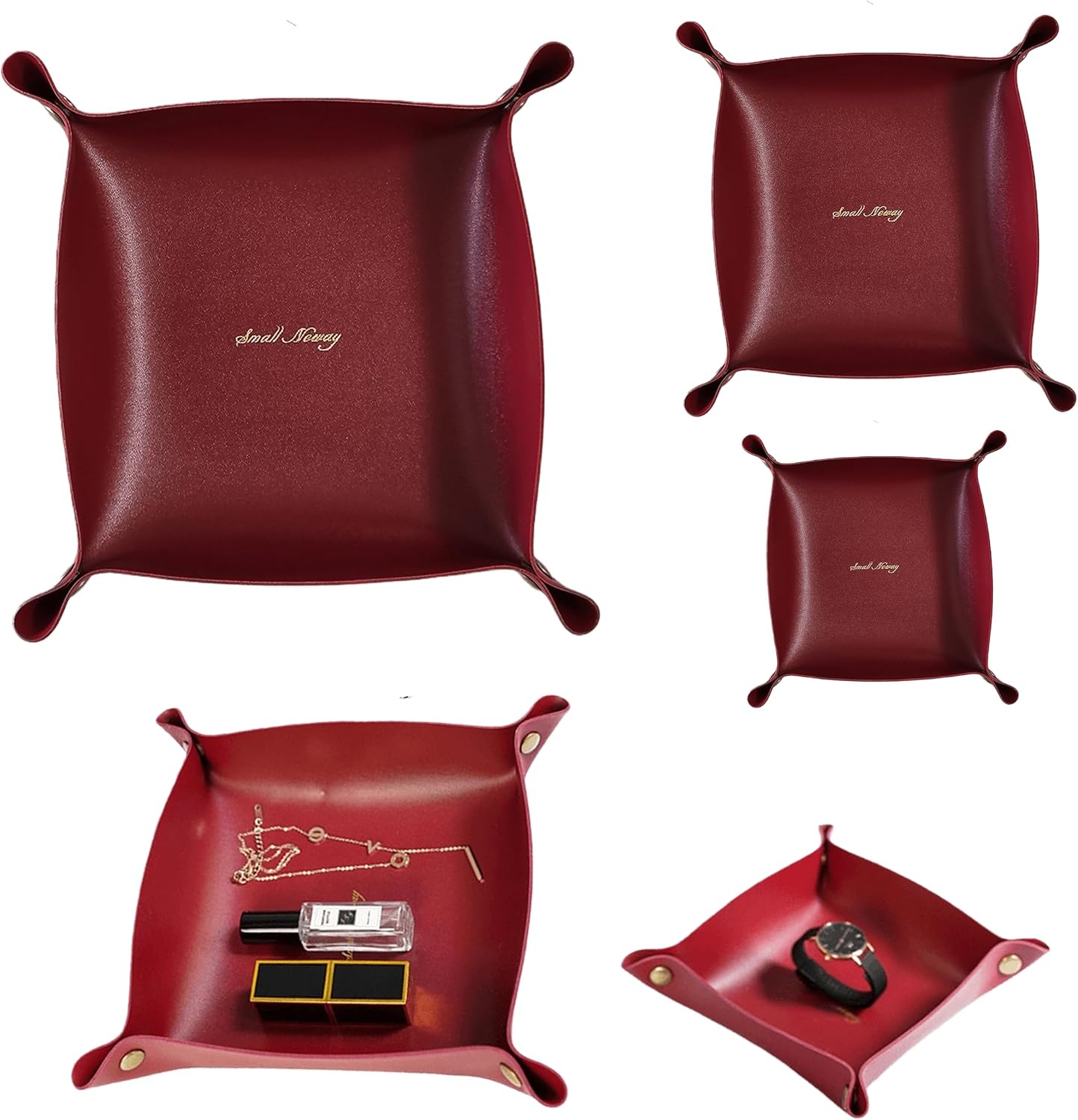 Luxury PU Leather Valet Tray, Red, Set of 3, Foldable Catchall for Jewelry, Watches,Keys (Red)