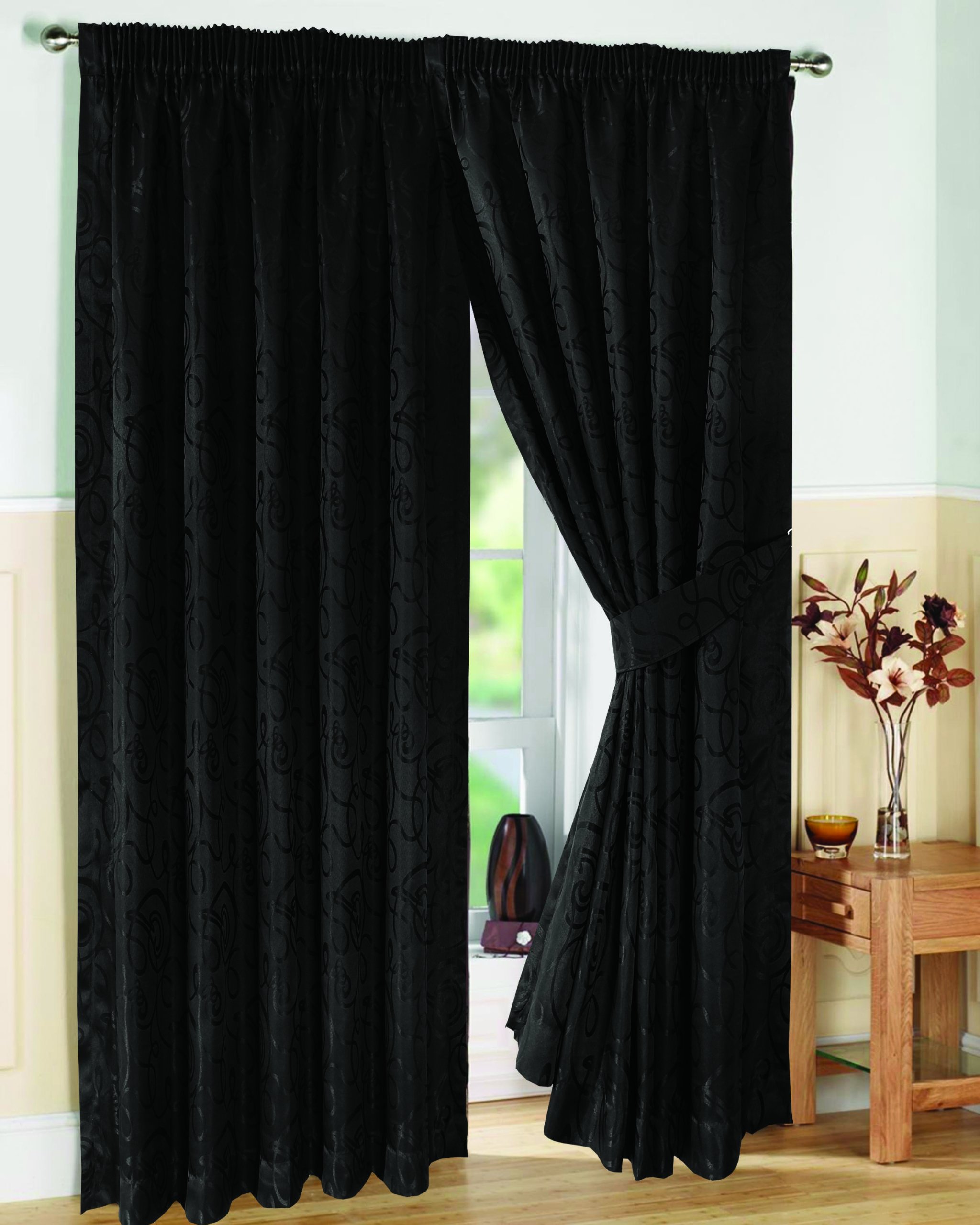 viceroy bedding Pair of Fully Lined BLACK 90" Width x Drop 54" JACQUARD SWIRL DESIGN Pencil Pleat Curtains with Matching Tiebacks