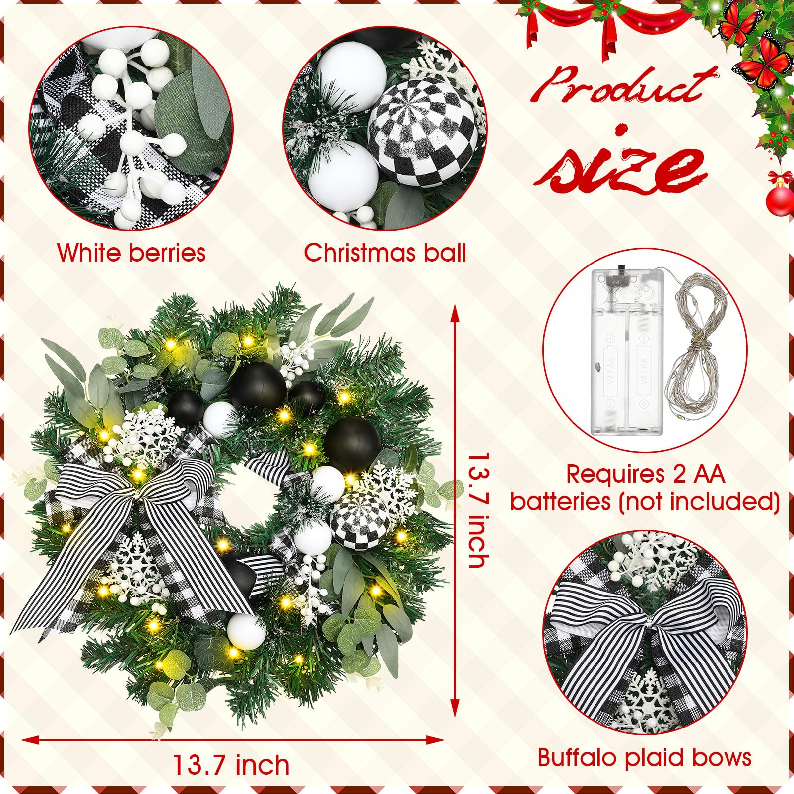 Knitgrip Couronne de Noël pré-éclairée pour porte d'entrée - Couronne de Noël avec boule de Noël noire et blanche et nœud de buffle - Couronne lumineuse à 20 LED pour les vacances, l'intérieur, le