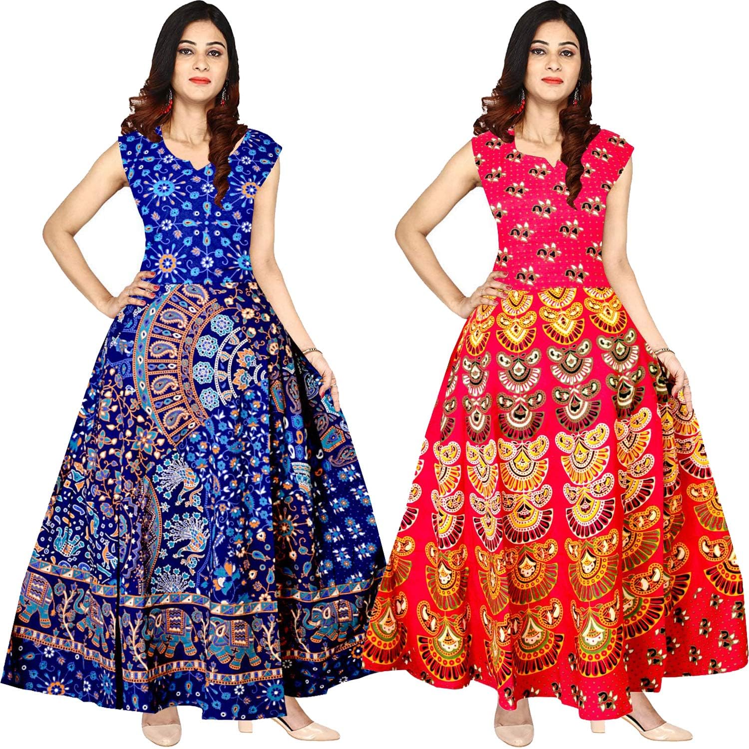New Krishna Fashions Women's Cotton Floral Jaipuri Printed A-line Maxi Long Dress Kurti (Multicolour, Free Size Upto 42-XL)