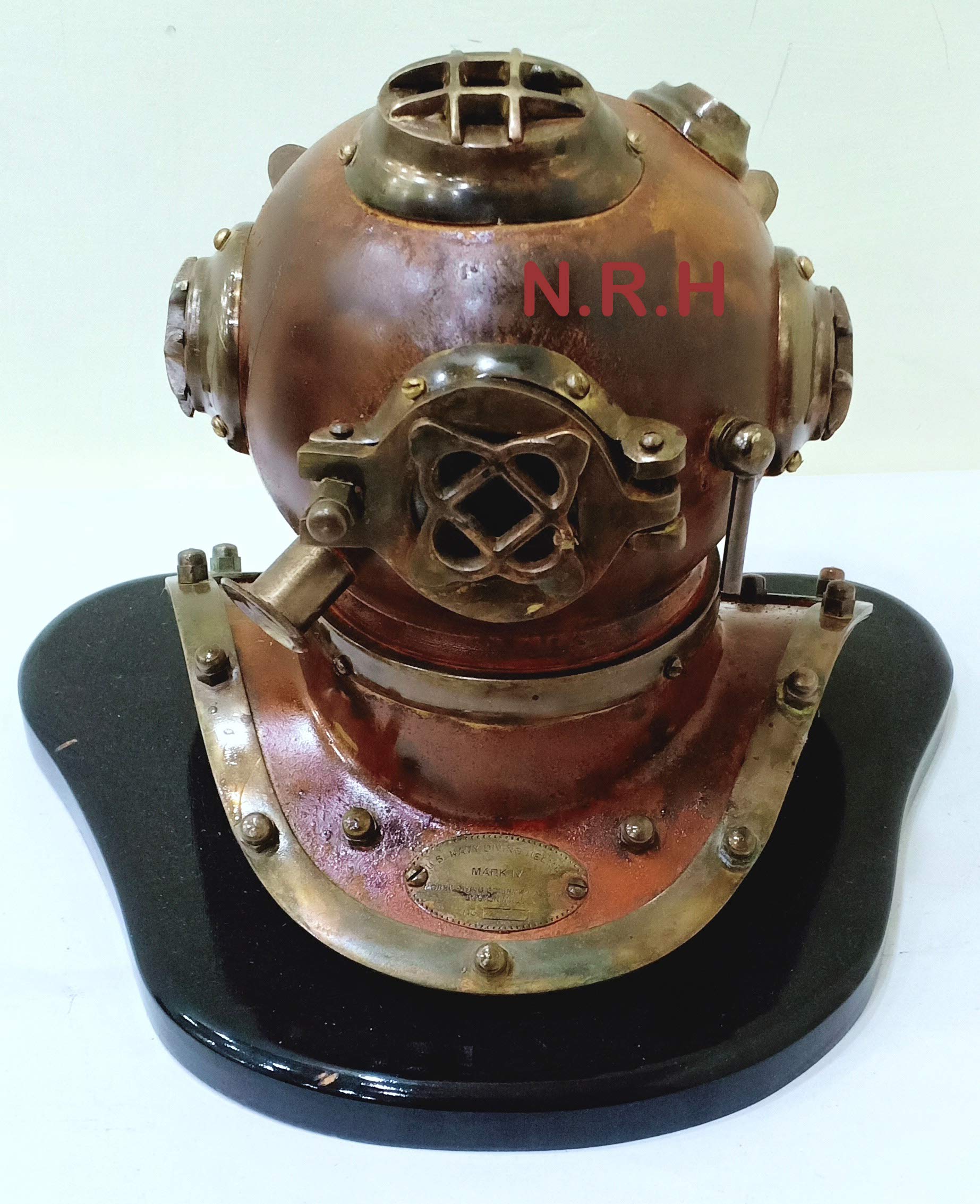 Tauchhelm für Tauchtaucher, aus massivem Stahl, Kupfer, Antik-Optik, 15,2 cm, mit Holzsockel