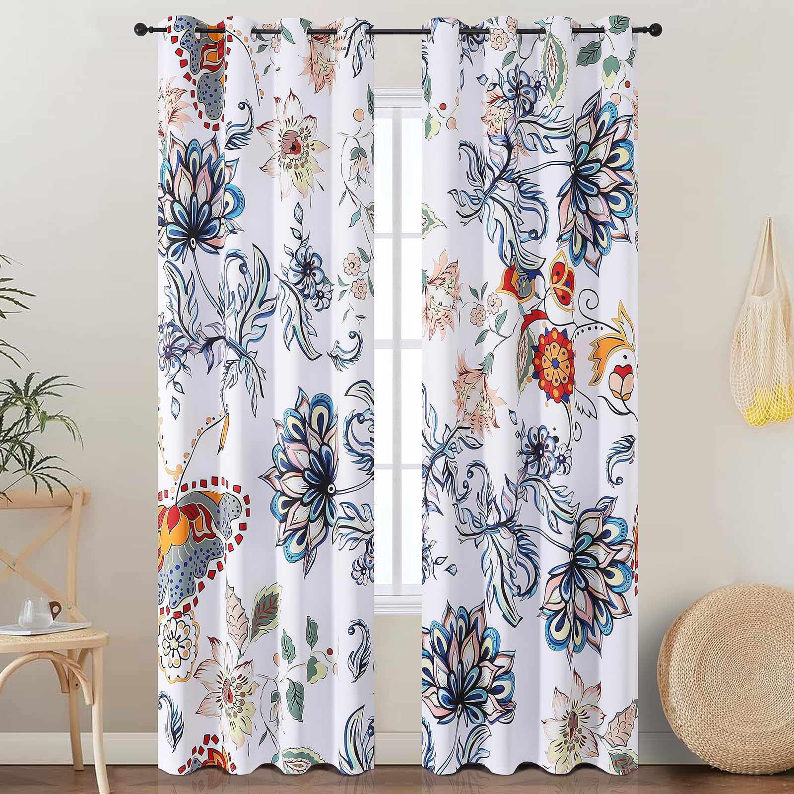 Rideaux occultants fleuris, rideaux imprimés multicolores insonorisants avec œillets pour salon H 274 x L 132 cm